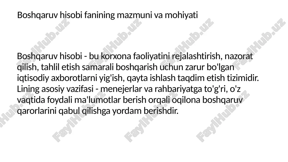 • rejalashtirish - ishlab chiqarish hajmi, xarajatlar daromadlar bo'yicha oldindan reja tuzishga yordam beradi. • nazorat qilish - belgilangan rejalarga nisbatan haqiqiy natijalarni solishtirib, ozgarishlarni aniqlaydi. • tahlil qilish - xarajatlar, daromadlar, foyda va rentabellik ko'rsatkichlarini chuqur o'rganadi. • qaror qabul qilishni qo'llab-quvvatlash - rahbariyatga oqilona va asosli boshqaruv qarorlarini ishlab chiqishda zarur axborot beradi. • samaradorlikni oshirish - resurslardan oqilona foydalanish foydani ko'paytirish imkonini yaratadi. shu bilan boshqaruv hisobi korxona faoliyatining har bir bosqichida muhim ahamiyat kasb etib, strategik va operativ boshqaruvni samarali amalga oshirishga xizmat qiladi. strategik boshqaruv - bu korxonaning uzoq muddatli maqsadlariga erishish uchun resurs va imkoniyatlarini to'g'ri yo'naltirish, tashqi va ichki omillarni hisobga olib rivojlanish yo'nalishini belgilash jarayonidir. operativ boshqaruv - bu korxonaning kundalik va qisqa muddatli faoliyatini tashkil etish, rejalashtirilgan maqsadlarga qisqa vaqt ichida erishishni ta'minlovchi boshqaruv jarayonidir. 6. boshqaruv hisobi va moliyaviy hisob o'rtasidagi farqlar boshqaruv hisobi va moliyaviy hisob bir-biriga yaqin bo'lsa-da, …