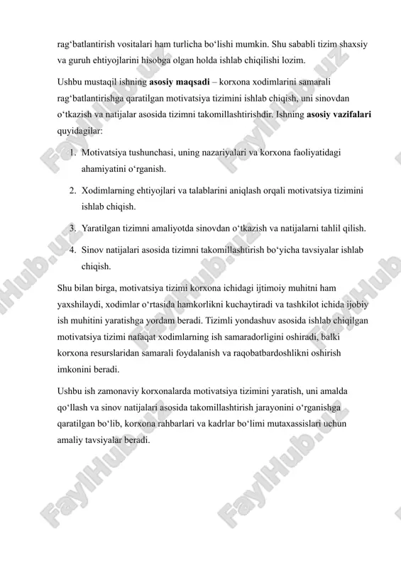 muhim ahamiyatga ega. shu sababli, motivatsiya nazariyalari xodimlarning ichki va tashqi motivlarini aniqlash, ularni samarali rag‘batlantirish vositalarini ishlab chiqishda asosiy manba sifatida xizmat qiladi. motivatsiya nazariyalari turli jihatlardan xodimlarni rag‘batlantirishni tushuntiradi va bu nazariyalar asosida korxona motivatsiya tizimi shakllantiriladi. 1. maslovning ehtiyojlar giyohlanishi nazariyasi abraham maslovning ehtiyojlar giyohlanishi nazariyasi xodimlarning motivatsiyasini tushuntirishda eng mashhur nazariyalardan biridir. maslov ehtiyojlarni beshta asosiy darajaga ajratadi: 1. fiziologik ehtiyojlar – oziq-ovqat, kiyim-kechak, uy-joy kabi hayotiy zaruriy ehtiyojlar. 2. xavfsizlik ehtiyojlari – ish barqarorligi, moliyaviy xavfsizlik, salomatlik. 3. ijtimoiy ehtiyojlar – do‘stlik, hamkorlik, jamoaga tegishlilik hissi. 4. hurmat va e’tibor ehtiyojlari – xodimning mehnatini qadrlash, lavozimni oshirish, ijtimoiy maqom. 5. o‘zini amalga oshirish ehtiyoji – shaxsiy o‘sish, malaka oshirish, ijodiy faoliyat. maslov nazariyasiga ko‘ra, xodim yuqori darajadagi ehtiyojlarini qondirishdan oldin pastroq darajadagi ehtiyojlarini qondirishi zarur. shu bilan, korxona motivatsiya tizimini ishlab chiqishda xodimlarning qaysi darajadagi ehtiyojlari hali to‘liq qondirilmaganini aniqlash va shu ehtiyojlarga yo‘naltirilgan rag‘batlantirish …