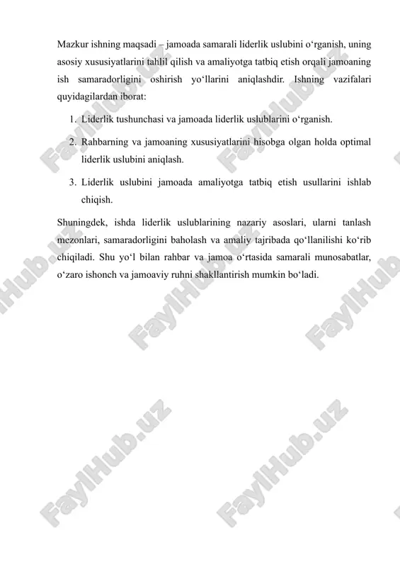i talab qiladi. · tez va aniq qaror qabul qilish zarur bo‘lgan vaziyatlarda samarali. · kamchiliklari: jamoa a’zolarining ijodiy fikrlash imkoniyatini cheklaydi, motivatsiyani pasaytirishi mumkin. 2. demokratik (ishtirokchi) liderlik · qarorlar jamoa bilan maslahatlashgan holda qabul qilinadi. · jamoa a’zolari o‘z fikrlarini bildirish imkoniga ega bo‘ladi. · ish jarayonida ishtirok va mas’uliyat hissini oshiradi. · kamchiliklari: qaror qabul qilish jarayoni sekinlashishi mumkin. 3. liberal (laissez-faire) liderlik · jamoaga keng erkinlik beriladi, rahbar nazorati minimal bo‘ladi. · mustaqil ishlash va ijodiy yondashuvni rag‘batlantiradi. · kamchiliklari: agar jamoa tajribasiz yoki motivatsiyasi past bo‘lsa, ish samaradorligi tushishi mumkin. 4. transformatsion liderlik · lider jamoani ilhomlantiradi, ularda o‘zgarish va rivojlanishga intilish hissini uyg‘otadi. · innovatsion g‘oyalarni ilgari suradi va jamoa a’zolarining o‘sishiga yordam beradi. · kamchiliklari: rahbardan yuqori darajada shaxsiy sifat va energiya talab etadi. 5. transaktsion liderlik · mukofot va jazolar orqali ishlashni boshqaradi. · vazifalarni bajarish va natijalarga erishish jarayonini aniq belgilaydi. …