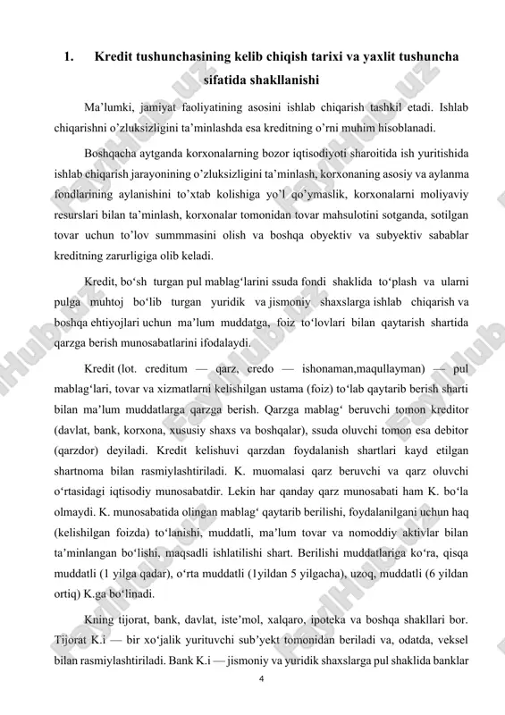 erish kabi koʻrinishlari bor. davlat k.i — davlatning qarz beruvchi va qarz oluvchi sifatida ishtirokini nazarda tutadi. davlat qarz beruvchi sifatida bank tizimi orqali byudjetdan tarmoq, hudud, korxonalarni k. ajratib moliyalashtiradi. qarz oluvchi sifatida aholiga davlat zayomlari, obligatsiyalarini sotish bilan jismoniy yoki yuridik shaxslardan qarz oladi, natijada ichki davlat qarzi, chet davlatlardan olingan k.lar hisobidan tashqi davlat qarzi paydo boʻladi. isteʼmol k.i — aholiga isteʼmol tovarlari, xizmatlarni nasiyaga sotish, uy-joy qurilishi harajatlari uchun, lombardlardagi mulk garovi hisobiga, oʻzaro yordam kassasi qarzlari va boshqa koʻrinishlarda beriladi. xalqaro k. — muddatli, qaytimli va foiz toʻlash shartlari bilan bir mamlakatdagi kreditor tomonidan ikkinchi mamlakatdagi qarz oluvchiga pul yoki tovar shaklida beriladigan qarz, shuningdek, chet el obligatsiyalari, chet el korxonalari aksiyalari va b, qimmatli qogʻozlariga fonda olish maqsadlarida kapital qoʻyish. “k. iqtisodiyotda muhim vazifalarni bajaradi, ularning orasida moliya resurslarini qayta taqsimlash asosiy oʻrinda turadi. k. yordamida kapitalni bir tarmoqdan ikkinchisiga, bir mulkdordan boshqasiga oqib …