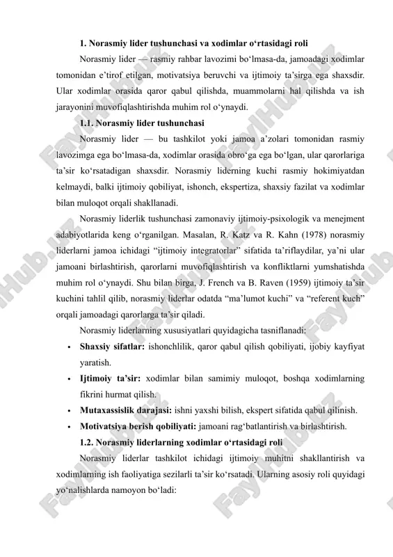 imlar o‘rtasidagi roli norasmiy liderlar tashkilot ichidagi ijtimoiy muhitni shakllantirish va xodimlarning ish faoliyatiga sezilarli ta’sir ko‘rsatadi. ularning asosiy roli quyidagi yo‘nalishlarda namoyon bo‘ladi: 1. ijtimoiy integratsiya va muvofiqlashtirish: norasmiy liderlar xodimlar o‘rtasidagi o‘zaro aloqalarni uyg‘unlashtiradi, jamoani birlashtiradi va ish jarayonini silliq qiladi. masalan, yangi ishchi jamoaga qo‘shilganida, norasmiy lider unga moslashishda yordam beradi va jamoa ichidagi ijtimoiy mexanizmni tushuntiradi. 2. motivatsiya va ish unumdorligini oshirish: tadqiqotlar shuni ko‘rsatadiki, xodimlar o‘zaro muloqotda va norasmiy lider tomonidan rag‘batlantirilganda ishga bo‘lgan qiziqish va unumdorlik sezilarli darajada oshadi. norasmiy liderlar xodimlarni ishga jalb qilish, ularni qo‘llab-quvvatlash va o‘zini tashkilotda qimmatli his qilishlariga yordam beradi. 3. konfliktlarni boshqarish: tashkilot ichida turli qarama-qarshiliklar va nizolar yuzaga kelganda, norasmiy liderlar ularni hal qilishda vositachi rolini bajaradi. ular rasmiy rahbarlar tomonidan ko‘rilmagan ijtimoiy signallarni sezadi va muammolarni jamoada yumshatadi. 4. innovatsiyalar va o‘zgarishlarni targ‘ib qilish: norasmiy liderlar yangiliklarni tezroq qabul qilish va jamoaga tatbiq etishda muhim vosita …