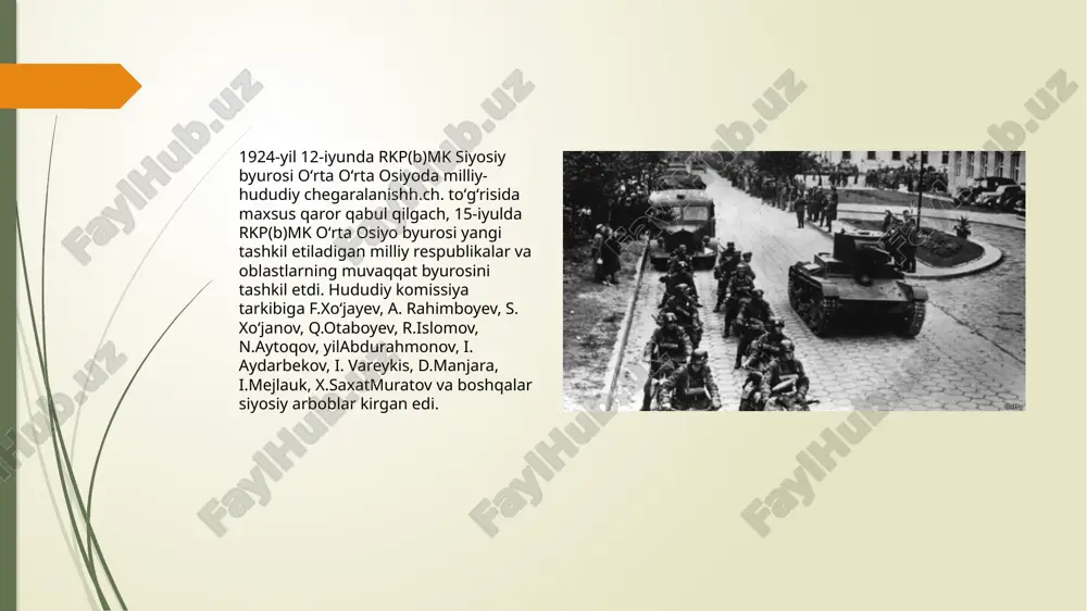 n edi, bu esa ularning ongiga ta'sir qilmasdan qolmasdi, o'z huquqlarining qandaydir poymol qilinganligida deb tushunardilar. aslida, bolsheviklar andozasidagi milliy-hududiy chegaralanish o'rta osiyo xalqlari o'rtasidagi bo'lajak millatlararo munosabatlar jarayonlafl ostiga ma'lum vaqtda portlaydigan mina qo'yish degan gap edi, ular favqulodda vaziyatlarda portlab, turli nizolar va keskin holatlar keltirib chiqarishi muqarrar edi shu bilan birga, yangi tuzilmalarni o'rta osiyo xalqlarining «milliy (javlatchiligi» tashkil etilganligi sifatida baholash ham to'g'ri bo'lmasa kerak. chunki sssr tarkibiga kirish va sssrning tashkil topganligi haqidagi shartnomaning imzolanishi, bu yerda rkp(b) mk o'rta osiyo byurosining, o'rta osiyo iqtisodiy kengashining va boshqa shunga o'xshash butunittifoq idoralarining saqlanib qolishi bilan davlatga xos bo'lgan hokimiyat vazifalari va vakolatlarning barchasi markaz ixtiyorida bo'lib qoldi. ro'zbekistonespublikasi i prezidenti i.a.karimovning jonli iborasi bilan aytganda, o'rta osiyoda tashkil qilingan bu tuzilmalar davlat bo'lib shakllanmagan (davlatga o'xshash) tuzilmalar edi.» mazkur tuzilmalar suverenitet va rnustaqillikdan batamom mahrum edilar, ular aslida sssrning ma'muriy-iqtisodiy rayonlari darajasiga tushirilgan bo'lib, tashkil …