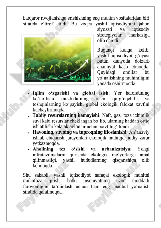 i ta’minlaydi. 3. yangi ish o‘rinlari yaratish yashil iqtisodiyot sohalarining kengayishi bilan birga, quyidagi yo‘nalishlarda yangi ish o‘rinlari paydo bo‘ladi:  quyosh va shamol energiyasi sanoati  ekologik qurilish va energiya samarador infratuzilma  chiqindilarni qayta ishlash sanoati  yashil qishloq xo‘jaligi ushbu sohalarda yaratiladigan ish o‘rinlari ko‘pincha barqaror, ijtimoiy jihatdan himoyalangan va salomatlik uchun xavfsiz hisoblanadi. 4. aholining sog‘lom turmush tarziga o‘tishi yashil iqtisodiyot atrof-muhitni toza saqlash orqali jamiyat salomatligiga ijobiy ta’sir ko‘rsatadi:  havoning ifloslanishi kamayadi  tabiiy oziq-ovqat mahsulotlari ko‘payadi  ekologik xavf-xatarlarning oldi olinadi bu esa sog‘liqni saqlash sohasidagi xarajatlarni kamaytiradi va umr ko‘rish davomiyligini oshiradi. 5. energiya xavfsizligi va mustaqilligi qayta tiklanuvchi energiya manbalariga o‘tish davlatlarning importga qaramligini kamaytiradi. bu esa:  energiya narxlarining barqarorligini ta’minlaydi  energiya ta’minoti bilan bog‘liq geosiyosiy xavflarni kamaytiradi 6. barqaror rivojlanishga xizmat qiladi yashil iqtisodiyot iqtisodiy, ekologik va ijtimoiy omillarni uyg‘unlashtirish orqali:  hozirgi va kelajak avlodlar manfaatlarini muvozanatda …