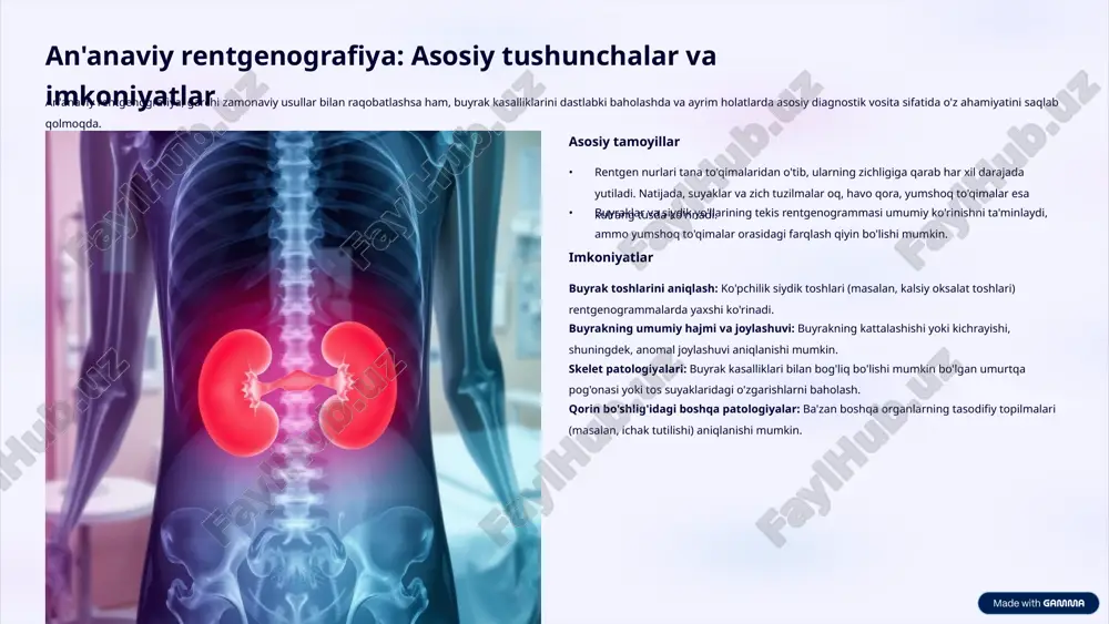 va kt sohalarida, buyrak kasalliklarini yanada aniqroq va erta aniqlash imkonini bermoqda. bu texnologiyalar klinik qaror qabul qilishda muhim rol o'ynaydi. klinik amaliyotga ta'siri zamonaviy tasvirlash usullarini tushunish shifokorlarga buyrak patologiyalarini aniq tashxislash, davolash rejalarini tuzish va bemor natijalarini optimallashtirishda yordam beradi. bu taqdimot sizga eng so'nggi ma'lumotlar bilan qurollanishga yordam beradi. buyrak kasalliklari diagnostikasida tasvirlash usullarining o'rni buyrak kasalliklarini diagnostika qilishda tasvirlash usullari an'anaviy klinik tekshiruvlar va laboratoriya tahlillarini to'ldiruvchi muhim vosita hisoblanadi. ular buyraklar tuzilishidagi o'zgarishlarni, funktsional buzilishlarni va patologik jarayonlarning joylashuvini aniqlashda ajralmasdir. nega tasvirlash usullari muhim? erta aniqlash: kasalliklarni dastlabki bosqichlarda aniqlashga yordam beradi. anatomik aniqlik: buyraklar va ularga qo'shni tuzilmalarning batafsil tasvirini beradi. funktsional baholash: ayrim usullar buyrakning qon oqimi va filtratsiya qobiliyatini baholash imkonini beradi. davolashni rejalashtirish: jarrohlik va boshqa invaziv muolajalarni rejalashtirishda asos bo'ladi. davolash samaradorligini kuzatish: davolashga javobni baholash va kasallikning rivojlanishini nazorat qilish. an'anaviy rentgenografiya: asosiy tushunchalar va imkoniyatlar an'anaviy rentgenografiya, …