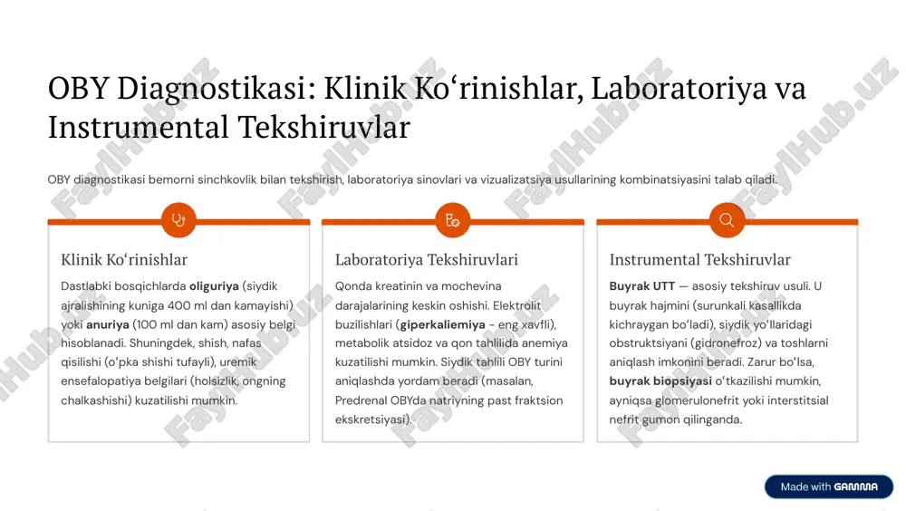 trombozi natijasida rivojlanishi mumkin. bu krizning eng og»ir ko»rinishlaridan biri. tromboembolik asoratlar antitrombin iii, protein c va s kabi antikoagulyant oqsillarning siydik bilan yo»qolishi va qonning giperkoagulyatsiyasi natijasida yuzaga keladi. eng ko»p uchraydigani: buyrak venasi trombozi (bvt). infektsiyalar immunglobulinlarning siydik bilan yo»qolishi va immun tizimi buzilishi tufayli infeksiyalarga moyillik ortadi. ayniqsa, birlamchi peritonit (qorin bo»shlig»i yallig»lanishi) tez-tez uchraydi. nefrotik krizning klinik belgilari ko»pincha kutilmaganda yomonlashadi. bemorlarda tana haroratining ko»tarilishi, qorin og»rig»i, to»satdan siydik ajralishining kamayishi (oby bilan bog»liq), yoki to»satdan nafas qisilishi (o»pka arteriyasi tromboemboliyasi) kuzatiladi. https://gamma.app/?utm_source=made-with-gamma nefrotik krizning patofiziologiyasi va sabablari nefrotik sindrom (ns) buyrakning glomerulyar filtratsiyasi buzilishi natijasida yuzaga keladigan holat bo»lib, kriz uning og»irlashgan asoratlari bilan bog»liq. immune deficiency hypovolemia hypercoagulability hypovolemia + immune hypercoagula bility + immune immun e deficie ncy nephroti c crisis asosiy patofiziologik mexanizmlar: og»ir proteinuriya kuniga 3.5 g dan ortiq protein (albumin) yo»qolishi. bu jarayon krizni keltirib chiqaruvchi barcha holatlarning asosidir. gipoalbuminemiya …