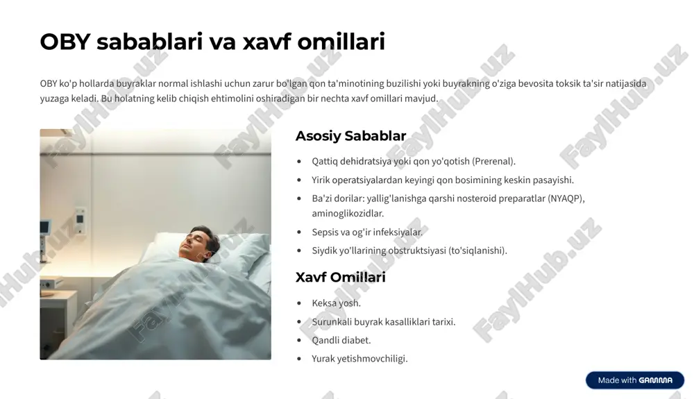 ul qilish. surunkali kasalliklarni boshqarish qandli diabet va arterial gipertenziyani doimiy nazorat qilish va davolash. sog'lom parhez tuz, hayvon oqsillari va xolesterin miqdori cheklangan parhezga amal qilish. https://gamma.app/?utm_source=made-with-gamma xulosa va asosiy tavsiyalar o'tkir buyrak yetishmovchiligi va nefrotik kriz buyraklar salomatligiga jiddiy tahdid soluvchi holatlardir. bu kasalliklarni erta aniqlash va zudlik bilan davolash prognoz (kasallik oqibati) ni sezilarli darajada yaxshilaydi. har qanday shish yoki siydik ajralishidagi o'zgarishlar kuzatilsa, darhol mutaxassisga murojaat qilish zarur. ogohlantirish beligilariga e'tibor bering shishlar, oliguriya, holsizlik 4 buyrak muammolarining dastlabki belgilari bo'lishi mumkin. shifokorga murojaat qiling buyrak funksiyasi buzilishi shubha qilinganida, o'z-o'zini davolash bilan shug'ullanmang. profilaktika 4 eng muhim qadam parhez va turmush tarzini nazorat qilish buyrak kasalliklari xavfini kamaytiradi. https://gamma.app/?utm_source=made-with-gamma