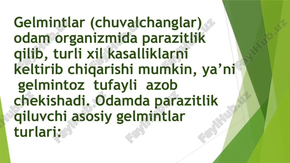 a amal qilish. yerni, qumloqlarni ifloslantirmaslik, bolalarni iflos joylarda o‘ynatmaslik. profilaktik davolanish (degelmintizatsiya) doktor tavsiyasi bilan yiliga 1–2 marta parazitlarga qarshi dorilar (masalan, albendazol, mebendazol) qabul qilish. oila a’zolari barchasi bir vaqtda dorilanishi kerak. savollar: 1. odamlarda gijjalarning qancha turi uchridi? 2. degelmintizatsiya nima? 3. gelmint turlari? 4. gelmintlarning ta’siri? 5. jigar qurti qanday kasallik keltirib chiqaradi? 6. cho’chqa solityori keltirib chiqaradigan kasallik nima? 7. parazitizmning turlari? 8. leshmaniya keltirib chiqaradigan kasallik? 9. toksoplazma keltirib chiqaradigan kasallik? 10. trypanosoma gambiense keltirib chiqaradigan kasallik? foydalanilgan adabiyotlar 1. xoliqov p.x. va boshqalar. "biologiya" davlat ilmiy nashriyoti. toshkent, 2005, 583 bet. darslik. 2. nishonboyev k.n, hamidov j.h.-"tibbiy biologiya va genetika" davlat ilmiy nashriyoti. toshkent, 2005. 210 bet. daslik e’tiboringiz uchun raxmat! image1.png image2.png image3.png image4.png image5.png image6.png image7.png image8.png image9.png image10.png image11.png image12.png image13.png image14.png image15.png image16.png image17.png image18.png image19.png image20.png image21.png image22.jpeg image23.png image24.png image25.png image26.png image27.png image28.png image29.png image30.png image31.jpeg image32.jpeg …