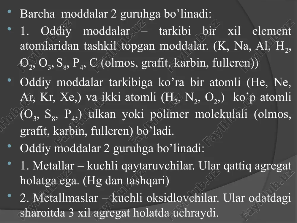 ulasidagi gidroksil bir yoki bir necha bosqichda dissosialanadi. masalan: naoh ↔ na+ + oh; ca(oh)2 ↔ caoh+ + oh; caoh- ↔ ca2+ + oh-. asoslar suvga eruvchanligiga qarab 2 ga bo’linadi: suvga yaxshi eriydigan va yomon eriydigan. suvga yaxshi eriydigan ishqorlar deb aytiladi. masalan: hoh, koh, naoh, pboh, ca(oh)2, ba(oh)2. ishqorlar terini, kiyimni, shisha va yog’ochni yemiradi. shuning uchun o’yuvchi ishqorlar deb aytiladi. davriy sistemadagi i va ii guruh elementlarining gidroksidlari suvga yaxshi eriydi.yonaki guruhchadagi iii, iv, v, vii, viii guruh metallarining gidroksidlari suvda yomon eriydi, bular asoslar deyiladi. asoslarning nomlanishi. o’zgarmas valentli metallar gidroksidlarini nomlashda metall nomiga gidroksid so’zi qo’shiladi. ishqor bo’lsa, o’yuvchi ishqor ham deyiladi. naoh – natriy gidroksidi koh – kaliy gidroksidi o’zgaruvchan valentli bo’lsa, metallning nomi, qavs ichida rim raqami bilan valentligi ko’rsatilib gidroksid so’zi qo’shiladi: fe(oh)2 - temir(ii)-gidroksidi fe(oh)3 - temir(iii)-gidroksidi asoslarning olinishi: aktiv metallarni h2o bilan ta`siri: 2na + 2h2o = 2naoh + h2↑; …