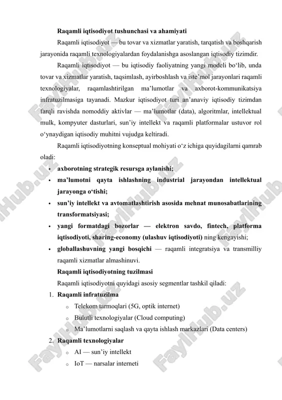 ‘yicha). raqamlashtirish quyidagi natijalarga olib keladi: 1. iqtisodiy o‘sishni tezlashtiradi raqamli texnologiyalar mehnat samaradorligini oshiradi, resurs sarfini optimallashtiradi, vaqt va mablag‘ni tejaydi. 2. innovatsion rivojlanishni ta’minlaydi sun’iy intellekt, robotlashtirish va avtomatlashtirilgan tizimlar yangi mahsulot va xizmatlar yaratilishiga asos bo‘ladi. 3. ishlab chiqarishni transformatsiya qiladi an’anaviy industriyalar — sanoat, transport, energetika, qishloq xo‘jaligi — “aqlli” tizimlar asosida ishlaydi (industry 4.0). 4. bozorlar va savdo mexanizmlarini o‘zgartiradi elektron savdo, marketplace platformalari, global raqamli xizmatlar bozori kengayadi. 5. davlat boshqaruvini modernizatsiya qiladi · byurokratiyani qisqartiradi · xizmatlar tezkor va shaffof bo‘ladi · korruptsiya xavfi kamayadi 6. ijtimoiy yangilanishga olib keladi · raqamli savodxonlik darajasi oshadi · ta’lim va tibbiyotga teng kirish imkoniyati paydo bo‘ladi · yangi turdagi bandlik va freelancing kengayadi raqamli iqtisodiyotning strategik ahamiyati yo‘nalish ta'siri milliy xavfsizlik kiberxavfsizlik, ma'lumotlarni muhofaza qilish raqobatbardoshlik global bozorlar bilan integratsiya davlat boshqaruvi raqamli hukumat, transparensiya inson kapitali yangi kasblar, texnologik tafakkur ijtimoiy barqarorlik samarali xizmatlar, …