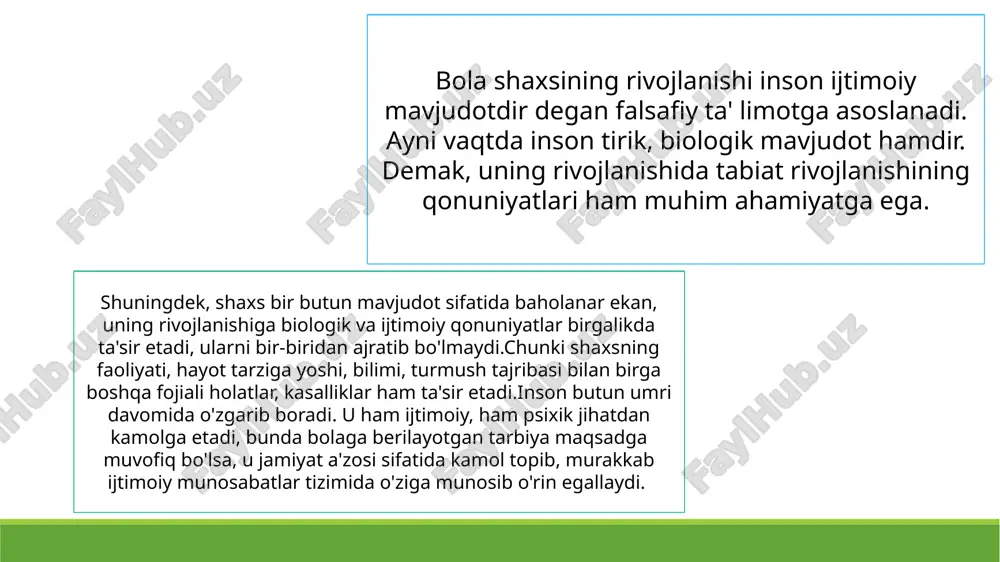 skining yo’qolib borishi, miqdor o’zgarishining sifat o’zgarishiga o’tishini ta’minlovchi murakkab harakat jarayoni sanaladi. rivojlanishining manbai qarama-qarashliklarni o’rtasidagi kurashdan iboratdir. tor ma'noda tarbiya shaxsning jismoniy rivoji, dunyoqarashi, ma'naviy axloqiy qiyofasi, estetik didi o'stirilishiga yo'naltirilgan pedagogik faoliyatni anglatadi. buni oila va tarbiyaviy muassasalar hamda jamoat tashkilotlari amalga oshiradi. ta'lim va ma'lumot olish tor ma'nodagi tarbiya ichiga kirmaydi. lekin har qanday tarbiya ta'lim bilan chambarchas bog'liq holdagina mavjud bo'ladi. chunki ta'lim va ma'lumot olish jarayonida shaxsning faqat bilimi ko'payibgina qolmay, balki axloqiy-ma'naviy sifatlari qaror topishi ham tezlashadi. ijtimoiylashuv uzoq davom etadigan murakkab jaravon. bola shaxsining rivojlanishi inson ijtimoiy mavjudotdir, degan falsafiy ta’limotga asoslanadi. ayni vaqtda inson tirik, biologik mavjudot hamdir. demak, uning rivojlanishida tabiat rivojlanishining qonuniyatlari ham muhim ahamiyatga ega. shuningdek, shaxs bir butun mavjudot sifatida baholanar ekan, uning rivojlanishiga biologik va ijtimoiy qonuniyatlar birgalikda ta’sir etadi, ularni bir-biridan ajratib bo’lmaydi. chunki har qanday jamiyat rivojlanish jarayonida ijtimoiy va axloqiy qadriyatlar, ideallar, axloqiy …