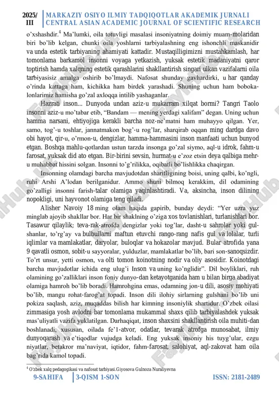 va oliy o`quv yurtlarining moddiy va moliyaviy bazasini mustahkamlash uchun mumkin qadar kengroq foydalanish; kadrlar tayyorlash va ta'lim sohasiga chet el sarmoyalari, xalqaro donorlik tashkilotlari va jamq‘armalarning mablaq‘larini jalb etish; qonun doirasida 2 karimov i.a. yuksak ma‘naviyat –yengilmas kuch. –t.: ma‘naviyat, 2008 y. 2025/ iii markaziy osiyo ilmiy tadqiqotlar akademik jurnali central asian academic journal of scientific research 8-sahifa 3-qism 1-son issn: 2181-2489 o`quv rejalari, dasturlari va o`qitish yo`riqlari, ta'limiy xizmatlarni belgilashda ta'lim muassasalariga, birinchi navbatda, oliy o`quv yurtlariga mustaqillik berish va o`zini-o`zi boshqarish usullarini joriy etish. shundan so`ng, prezidentimiz ta'lim-tarbiya sohasining asosiy bo`q‘ini hisoblanagan uzluksiz ta'lim bosqichlarini batafsil tavsiflab berdi, kadrlar tayyorlashning bu dasturini amalga oshirishning murakkab tomonlarini ko`rsatdi. 3 prezidentimiz aniqlab berganidek, dasturni amalga oshirishning eng murakkab tomoni o`quv jarayonini tashkil etish, ta'lim mazmunini belgilash, ularni maxsus dasturlar, darsliklar, o`quv qo`llanmalari bilan ta'minlash masalasidir. ushbu darslik bundan oldin chop etilgan o`quv dasturi bilan birgalikda ma'lum darajada bu muammoni …