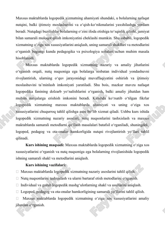 ksik-sintaktik va morfologik jihatlarini baholab, mos koreksion metodlarni belgilaydi. shu orqali bolalarning talaffuzi va so‘z boyligi asta-sekin rivojlantiriladi. 2. individual yondashuvni ta’minlash maxsus maktablarda ta’lim jarayoni bolalarning qobiliyatlari va rivojlanish darajasiga moslashtiriladi. har bir bola uchun alohida mashg‘ulotlar rejalashtiriladi, logopedik mashg‘ulotlar individual va guruh shaklida olib boriladi. bu yondashuv bolalarning nutqini tezroq va samaraliroq rivojlantirish imkonini beradi. 3. ijtimoiy moslashuvni rivojlantirish nutq nuqsoni bolaning atrof-muhit bilan muloqotini cheklashi mumkin. maxsus maktablarda logopedik xizmat bolalarni o‘z fikrini ifoda etish, boshqalar bilan muloqot qilish va jamiyatga integratsiyalashuvga tayyorlashga yo‘naltiriladi. shu orqali bolalar o‘zini ishonchli his qilishi va jamiyatda samarali faoliyat yuritishi mumkin bo‘ladi. 4. pedagog va ota-ona hamkorligini yo‘lga qo‘yish maxsus maktablarda logopedik ishning samaradorligi pedagoglar va ota-onalar bilan yaqindan hamkorlik qilishga bog‘liq. ota-onalarga bolalarning nutqini uy sharoitida rivojlantirish bo‘yicha tavsiyalar beriladi, shuningdek, pedagoglar va logopedlar birgalikda mashg‘ulotlarni rejalashtiradi. 5. nutq buzilishining oldini olish va barqaror rivojlanishni ta’minlash maxsus maktablar nafaqat nutq …