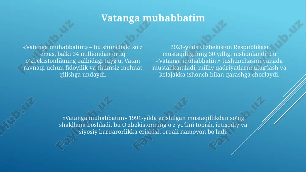 hga intilmoqda. 2030-yilga moʻljallangan strategiya oʻzbekistonning barqaror rivojlanishiga qaratilgan boʻlib, har bir fuqaroning farovonligi uchun inklyuziv iqtisodiyotni taʼminlash maqsadida qabul qilingan. “yangi oʻzbekiston” taraqqiyot strategiyasi mamlakatning kelajagiga boʻlgan ishonchni mustahkamlaydi, innovatsiyalarni qoʻllab-quvvatlaydi va taʼlim sifatini oshirish orqali yoshlarni ragʻbatlantiradi. burch va mas'uliyat burch fuqaroning konstitutsiyada belgilangan majburiyatidir, masalan, 18 yoshdan oshgan har bir shaxs o'zbekiston respublikasini himoya qilishga tayyor bo'lishi kerak. mas'uliyat - bu huquqbuzarlik uchun javobgarlik, misol uchun, jinoyat kodeksining 169-moddasiga binoan o'g'irlik qilgan shaxs qonuniy javobgarlikka tortilishi mumkin. fuqaroning burchi va mas'uliyati 30 ta asosiy huquq va erkinliklar bilan bog'liqdir, shuning uchun huquqlar bilan bir qatorda majburiyatlar ham bajarilishi muhimdir. milliy g'urur milliy gʻurur, vatan madaniyatini, tarixini va anʼanalarini qadrlashni anglatadi, bu esa har bir fuqaroning oʻziga xosligini saqlashda muhim ahamiyatga ega. unda 2 ta muhim tushuncha mujassam. milliy gʻurur, oʻz xalqining yutuqlari bilan faxrlanish va ularni kelajak avlodlarga yetkazish majburiyatini his qilishdir, bu esa 14 ta viloyatning …