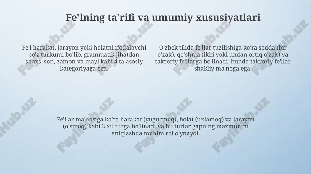 hun, "o'qish" so'zi harakat nomi bo'lib, 2-xil ma'noni anglatishi mumkin. sifatdosh (participle) fe'lning sifatga xos belgisini bildirib, predmetning harakat orqali yuzaga kelgan belgisini ifodalaydi. masalan, "o'qigan bola" iborasida "o'qigan" - sifatdosh, 1-shaxs birlikda ishlatilgan. ravishdosh (gerund) harakatning belgisini ifodalaydi, fe'lga xos bo'lgan harakatning ravishini ko'rsatadi. ravishdoshlar odatda -ib, -gach, -masdan kabi qo'shimchalar bilan yasaladi, misol uchun, "yugurib keldi" da "yugurib" ravishdosh. harakat nomining ta'rifi va xususiyatlari harakat nomi fe'lning otlashgan shakli bo'lib, predmetning harakatini yoki holatini ifodalaydi va savollarga javob beradi. misol uchun, "yozish" harakat nomi "nima?" so'rog'iga javob beradi. harakat nomlari o'zbek tilida "-ish", "-moq", "-uv", "-ov" kabi qo'shimchalar yordamida yasaladi. ularning sintaktik vazifasi otga xos bo'lib, gapda ega, to'ldiruvchi yoki aniqlovchi bo'lib kelishi mumkin. ba'zi harakat nomlari (masalan, "o'qish", "yozish") otlashuv darajasiga ko'ra fe'lga yaqin bo'lib, o'z oldidan to'ldiruvchi so'zlarni (kitob o'qish, xat yozish) talab qilishi mumkin, bu ularning xususiyatlaridan biridir. harakat nomining fe'l bilan bog'liqligi harakat nomi …