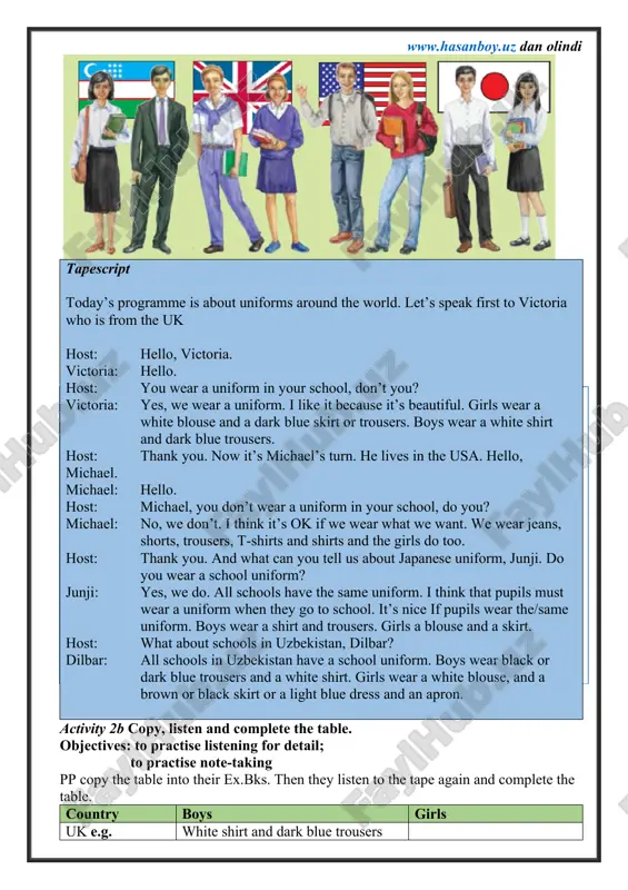 the bb and mark the intonation as in the grammar references. tell pp to copy the tag questions and intonation in their ex.books. remember: you wear a school uniform in your school, don’t you? yes, we do. you don’t wear a school uniform in your school, do you? no, we don’t. activity 3c ask and answer. use the verbs in the cloud. objective: to give practice in using question tags to confirm information work with the class in open pairs. wear speak like (sport/games) play (a musical instrument/games) get up/go to bed eat e.g. a: you get up at seven o’clock, don’t you? b: yes, i do./no, i don’t. v. post-activity activity 3d write five things you think you know about your partner, but you aren’t sure. obiective: to give practice in writing question tags in their ex.bks pp write 5 things they think are true about their partner using …