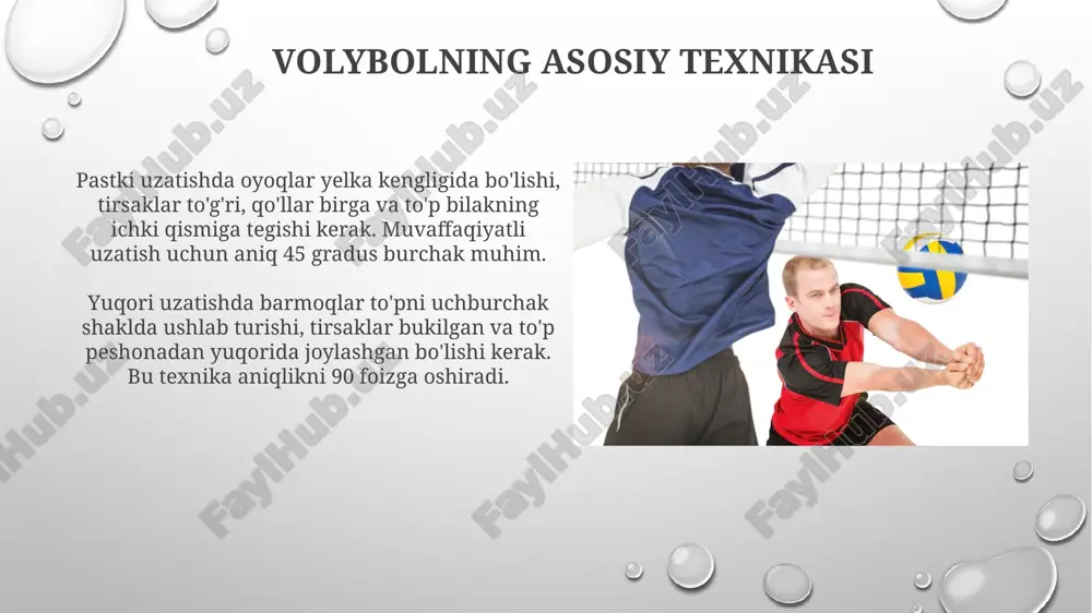 ni oshiradi. xatolarni tuzatish xatolarni tuzatishda 70/30 qoidasiga amal qiling: 70% vaqtni muammolarni aniqlashga, 30%ni esa tezkor yechimlarga sarflang. to'g'ri texnikani o'rgatishda vizual vositalardan foydalaning; masalan, 2-3 daqiqalik videolarni namoyish etish, o'yinchilar tushunishini tezlashtiradi. savol-javob “savol-javob” usuli, o'zbekcha “savol-javob” degan ma'noni anglatadi, bu erda o'qituvchi texnikani tushuntiradi va keyin o'quvchilarga 2-3 ta savol berib, tushunishni tekshiradi. ushbu usul nazariy bilimlarni mustahkamlashga yordam beradi, chunki o'quvchilar javob berish uchun 1-2 daqiqa ichida ma'lumotlarni eslab qolishlari va tushunishlari kerak, bu esa faol ishtirokni rag'batlantiradi. e'tiboringiz uchun rahmat image4.png image2.png image5.jpg image6.jpg image7.jpg image8.jpg image9.jpg image10.jpg image11.jpg image12.jpg image13.jpg image14.jpg image15.jpg image16.jpg image17.jpg image18.jpg image19.jpg image20.jpg image21.jpg image3.png