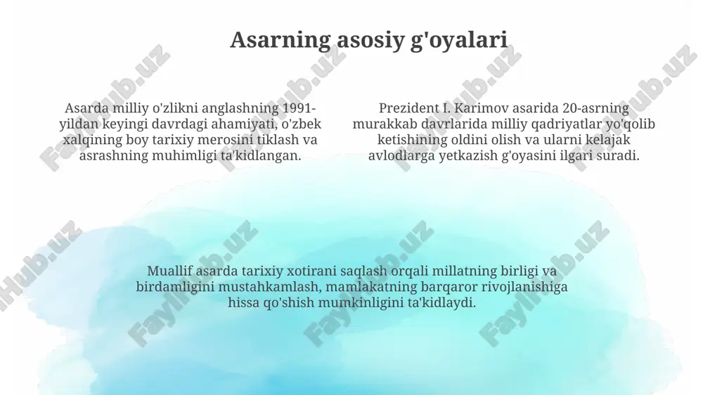 ta'siri asarda ilgari surilgan g'oyalar ta'lim tizimida, xususan, tarix darsliklarida o'z aksini topdi va o'quv jarayoniga 20 dan ortiq yangi mavzular kiritilishiga sabab bo'ldi. asar milliy o'zlikni anglash, 90-yillarda shakllangan mustaqillik mafkurasini mustahkamlashda muhim rol o'ynadi, 1998 yilda nashr etilganidan so'ng keng tarqaldi. ushbu asar tarix faniga qiziqishni oshirdi, yosh avlodni o'zbek xalqining 130 yillik mustamlakachilik davridagi kurashini chuqurroq o'rganishga undadi. globallashuv sharoitida tarixiy xotira globalashuv jarayonida tarixiy xotirani saqlash, milliy o'zlikni anglashning asosi bo'lib, bu 21-asrda madaniy assimilyatsiyaga qarshi kurashish uchun muhim ahamiyatga ega. tarixiy xotira, ayniqsa globallashuv davrida, yosh avlodga o'z ajdodlarining ibratli hayoti va madaniy merosini o'rgatish orqali milliy ruhni shakllantiradi. globallashuv sharoitida tarixiy xotirani unutish, milliy manfaatlarga zid bo'lib, bu millatning kelajagini xavf ostiga qo'yadi hamda ma'naviy qadriyatlarni yo'qotishga olib kelishi mumkin. o'zbekistonning yangi tarixi «o'zbekistonning yangi tarixi» ikki jilddan iborat bo'lib, birinchi jildda 1917 yilgacha bo'lgan davr, ikkinchi jildda esa mustaqillik yillari qamrab olingan. ushbu …