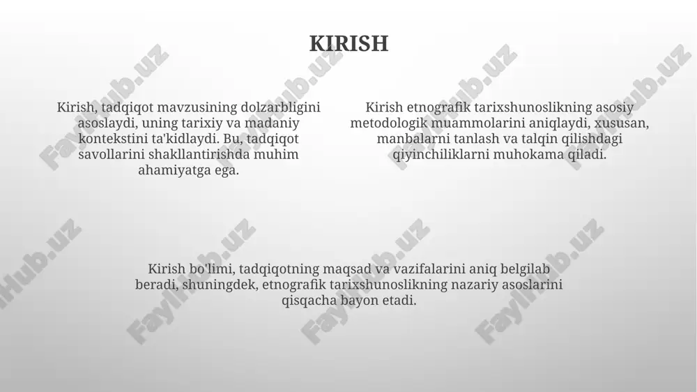 t jarayonida anonimlikni saqlash muhim, ayniqsa, kam sonli populyatsiyalarda. bu ma'lumotlarni yashirish va 201-sonli hipaa qonun qoidalariga rioya qilishni anglatadi. tarixiy voqealarni etnografik talqin qilish etnografik talqin usuli tarixiy jarayonlarni rekonstruksiya qilishda og'zaki tarix, fol'klor va material madaniyat elementlaridan 70% gacha foydalanish imkonini beradi. etnografik talqinlarda 19-asr oxiri va 20-asr boshlaridagi tarixiy manbalar tahlilida mahalliy xalqning kundalik hayoti, urf-odatlari va mentaliteti muhim ahamiyatga ega. tarixiy voqealarni etnografik yondashuv orqali o'rganishda 1980-yillardan keyin shakllangan yangi tarixiy maktab vakillarining asarlari alohida o'rin tutadi. mikro tarix va makro tarix mikro tarix, 1970-yillarda rivojlanib, 20-asr oxirida keng tarqaldi, kundalik hayot, oddiy odamlarning tajribalarini o'rganishga qaratilgan tadqiqot usulidir. makro tarix keng qamrovli tahlilga urg'u beradi, ijtimoiy, iqtisodiy va siyosiy tuzilmalarni uzoq vaqt davomida, masalan, bir necha asr mobaynida qamrab oladi. mikro tarixda 15-asrda yashagan dehqonning hayoti o'rganilsa, makro tarixda 16-19-asrlardagi yevropa qishloq xo'jaligining rivojlanish tendensiyalari tahlil qilinadi. og'zaki tarix «og‘zaki tarix» xx asrning o‘rtalarida tarixiy …