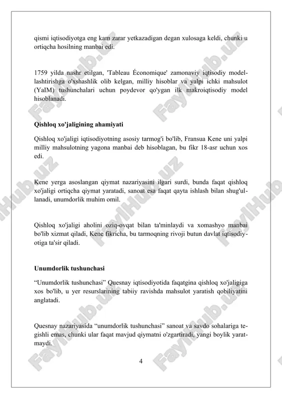 odiy jadval"i makroiqtisodiy tahlilning asosini yaratdi, 3 ta sinf (fermerlar, yer egalari, bepushtlar) o'rtasidagi pul oqimini ko'rsatib, iqtisodiy munosabatlarni tushunishga yordam berdi. quesnayning "laissez-faire" tamoyili, ya'ni davlat aralashuvisiz erkin bozorlar iqtisodiy o'sishga olib keladi, klassik iqtisodiyot rivojiga sezilarli ta'sir ko'rsatdi va savdo siyosatini o'zgartirdi. tanqid va cheklovlar quesnay'ning iqtisodiy jadvali faqat qishloq xo'jaligini haqiqiy boylik yaratuvchi sektor deb hisoblab, ishlab chiqarishning boshqa tarmoqlarini e'tibordan chetda qoldirgan. uning tabiiy tartib konsepsiyasi hukumat aralashuvini minimallashtirishni targ'ib qilib, ijtimoiy adolat va tenglikni ta'minlashda davlat rolini baholamagan. quesnayning tahlili asosan o'rta asrlardagi agrar iqtisodiyotga asoslangan bo'lib, sanoat inqilobi davridagi o'zgarishlar va murakkabliklarni yetarlicha hisobga olmagan. meros meros – bu quesnay iqtisodiy modelida (tableau économique) yer egalarining unumdor sinfidan oladigan 100% sof mahsuloti boʻlib, bu 600 million livrga teng boʻlishi mumkin edi. quesnayning fikricha, merosning bir qismi (taxminan 20-30%) hunarmandlar sinfiga o'tadi, ular bu mablag'ni qishloq xo'jaligi asbob-uskunalarini ishlab chiqarish uchun ishlatishadi. qolgan meros (70-80%) …