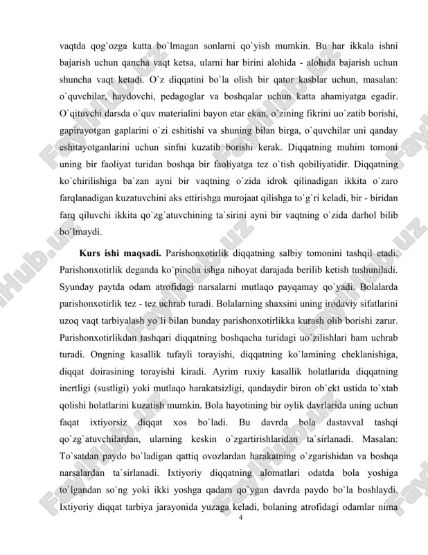 miz. kurs ish vazifalari. kattalar tomonidan qaratilgan bu ixtiyoriy diqqat bola ikki yoshga etishi bilan ko`rina boshlaydi. bunda bola diqqatining to`planishi va barqarorligini saqlab turish uchun yoshlik paytidan boshlab beixtiyor ravishda o`ziga jalb qiladigan qo`zg`atuvchilarning taassurotini engishga to`g`ri keladi. katta kishilar bolani tozalikka, tartiblilikka, intizomli bo`lishga va jamiyatda yashash koidalariga o`rgatadilar. bo`larning hammasi ixtiyoriy diqqatni taraqqiy qildiradi. 5 yoshdan boshlab ixtiyoriy diqqat bolaning o`z tashabbusi bilan ham o`sa boshlaydi. bolalardagi ixtiyoriy diqqat maktab yoshidan boshlab tez o`sa boshlaydi. o`qish jarayonining o`zi ixtiyoriy diqqatning hamda uning to`planishi va barqarorligining o`sishiga yordam beradi. bolalarning yoshlari ulg`aygan sari diqqatning ayrim sifatlari kulami, kuchuvchanligi, kuchi va barqarorligi o`sib boradi. bolalarning diqqati avvalo kulamining torligi, bir narsadan ikkinchi narsaga sekinlik bilan kuchishi va bo`linishi bilan ajralib turadi. bir yoshli bolalarda biz faqat tor kontsentratsiyalashgan diqqatni ko`rishimiz mumkin. masalan: bolaga bir narsa berib bir qo`liga ushlatib qo`yib, ikkinchi qo`liga boshqa narsa bersak, u birinchi qo`lidagi narsani …