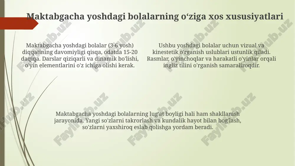 qligini hamda so'zlarni to'g'ri qo'llashni tahlil qilish orqali amalga oshiriladi. kutilayotgan natijalar bolalar ingliz tilida qisqa qo'shiqlar kuylash, she'rlar aytish va o'yinlarda ishtirok etish orqali tilga qiziqish uyg'otadilar, bu ularning kelajakdagi ta'limi uchun motivatsiyani oshiradi. bolalar 50-100 ta so‘zdan iborat leksik zahiraga ega bo‘ladilar va oddiy iboralarni tushunib, ularga javob qaytara olish qobiliyatiga ega bo‘ladilar, bu ularning til ko‘nikmalarini mustahkamlaydi. uch yoshdan olti yoshgacha bo'lgan bolalar ingliz tilida ranglar, raqamlar va hayvonlar nomlari kabi asosiy tushunchalarni o'zlashtiradilar hamda oddiy ko'rsatmalarni bajara oladilar. xulosa maktabgacha yoshdagi bolalarga ingliz tilini o‘rgatishning zamonaviy usullari erta yoshdagi til o‘rganishning 80% samaradorligini oshirishi mumkin. o‘yin, qo‘shiq va interaktiv mashg‘ulotlar orqali dars o‘tish 65% bolalarning ingliz tiliga bo‘lgan qiziqishini orttiradi hamda motivatsiyasini mustahkamlaydi. zamonaviy metodlar, masalan, clil yordamida, ingliz tilini o‘rganish 70% bolalarning boshqa fanlarga qiziqishini oshiradi va kognitiv qobiliyatlarini rivojlantiradi. e'tiboringiz uchun rahmat image1.png