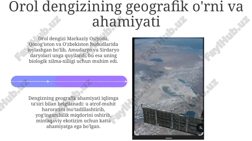 rilib, qum ko'chishining oldini olishga qaratilgan. kelajak istiqbollari va vazifalar 2030 yilgacha aral dengizi mintaqasida ekoturizmni rivojlantirish, kamida 5 ta yangi ekoturistik marshrut yaratish va investitsiyalarni 2 barobar oshirish rejalashtirilgan. kelajakda irrigatsiya texnologiyalarini takomillashtirish, suv yo'qotishlarini 15% ga kamaytirish va suv resurslaridan foydalanish samaradorligini oshirish vazifasi turibdi. e'tiboringiz uchun rahmat image4.png image5.jpg image6.jpg image7.jpg image8.jpg image9.jpg image10.jpg image11.jpg image12.jpg image13.jpg image14.jpg image15.jpg image16.jpg image1.jpeg image2.jpeg image3.jpeg