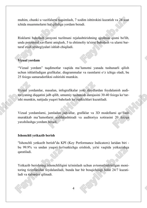 masalan, diagrammalar yoki grafikalar, 7/24 ma'lumotni aniqlash uchun ishlatilishi mumkin. bu raqamlar va tendensiyalarni tushunishni osonlashtirib, noaniqlikni kamaytiradi. vaziyat yuzasidan 360 graduslik fikr-mulohazalarni ta'minlash orqali noaniqliklarni hal qiling. turli nuqtai nazarlarni hisobga olish bilan to'liqroq tushunishga erishish mumkin. fikr-mulohazalarni so'rash fikr-mulohazalarni so'rashda, jamoaning 80% dan ko'proq qatnashishini ta'minlash uchun, anonim so'rovlardan foydalanish mumkin, bu esa tortinchoq a'zolarga yordam beradi. baholash shkalasida 1 dan 5 gacha bo'lgan raqamlardan foydalanib, 360 darajali fikr-mulohaza olish usuli xodimning turli nuqtai nazarlardan baholanishiga imkon beradi. yangi loyiha boshlashdan oldin, 10-15 nafar asosiy manfaatdor tomonlardan fikr so'rash maqsadga muvofiq, bu esa dastlabki muammolarni aniqlashga yordam beradi. amaliy mashqlar amaliy mashqlar, nazariy bilimlarni mustahkamlash va real vaziyatlarda qoʻllash imkonini beradi, misol uchun, 5 ta vaziyatni oʻrganish va 3 ta yechim topish orqali. amaliy mashqlar, oʻquv jarayonida faol ishtirok etishga undaydi, masalan, 2 guruhga boʻlinib, 10 daqiqalik rolli oʻyin orqali vazifalarni hal qilish. amaliy mashqlar, talabalarning tahlil qilish …