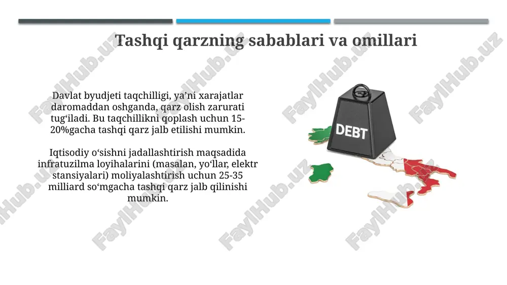atlamlari uchun ijtimoiy nafaqalar va yordamlarni kamaytirishi mumkin, natijada ijtimoiy tengsizlik kuchayadi va turmush darajasi pasayadi. xalqaro tashkilotlarning tashqi qarz siyosati xalqaro tashkilotlar, masalan, imf, tashqi qarz siyosatida qarz oluvchi davlatlarning iqtisodiy barqarorligini ta'minlash uchun foiz stavkalarini belgilashda muhim rol o'ynaydi. jahon banki kabi tashkilotlar, tashqi qarz siyosatini amalga oshirishda davlatlarga texnik yordam ko'rsatadi va samarali qarz boshqaruvi bo'yicha maslahatlar beradi, qarz yukini kamaytirish uchun. o'zbekistonning tashqi qarz siyosati o'zbekiston tashqi qarz siyosati asosan investitsiya loyihalarini moliyalashtirishga yo'naltirilgan bo'lib, bu iqtisodiyotning rivojlanishiga xizmat qiladi hamda 80% dan ortiq qismi shu maqsadga sarflanadi. mamlakat tashqi qarzi yaimning 60% dan oshmasligi ta'minlanadi, bu makroiqtisodiy barqarorlikni saqlash va qarz yukini kamaytirishga qaratilgan muhim ko'rsatkich hisoblanadi. xulosa va tavsiyalar davlat tashqi qarzini boshqarishda samaradorlikni oshirish uchun 5 yillik qarz strategiyasi ishlab chiqish va qat'iy rioya etish tavsiya etiladi. tashqi qarzdan oqilona foydalanishni ta'minlash uchun investitsiya loyihalarini baholashning 3 bosqichli tizimini joriy etish zarur. e'tiboringiz …