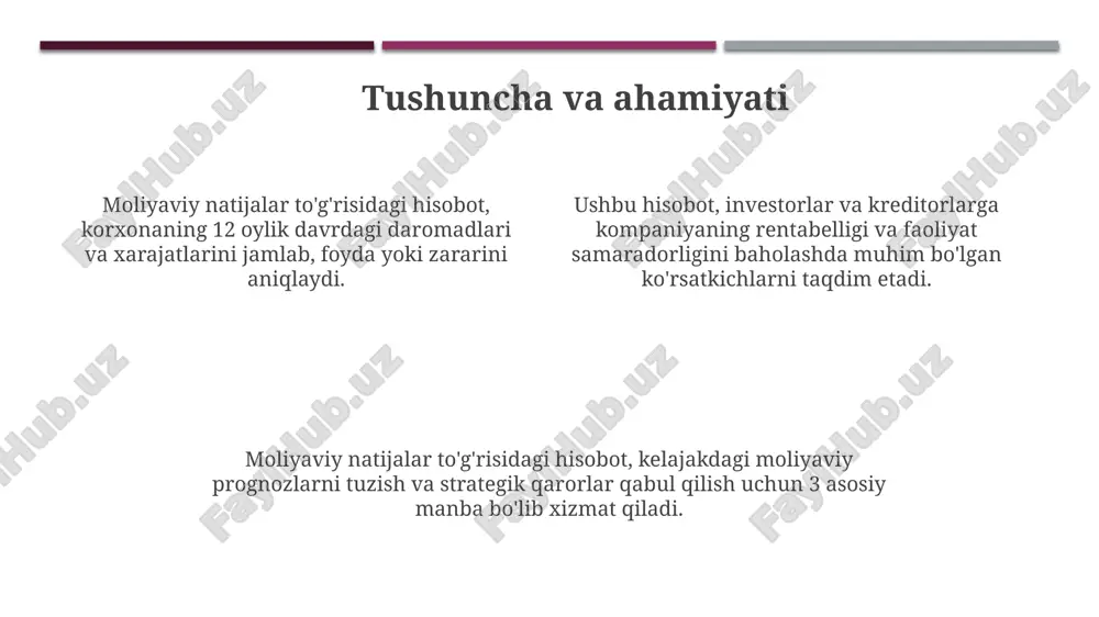 q ta'siri, foiz xarajatlari va dividend to'lovlari kabi elementlarni kiritish moliyaviy natijalar hisobotining tuzilishini to'liq o'rganishga imkon beradi. moliyaviy natijalar haqidagi hisobotda misollar aktivlarni baholash va amortizatsiya usullarini tushuntirishga yordam beradi, bu hisobni tuzishda muhim rol o'ynaydi. amaliy mashqlar, xususan, daromad va xarajatlarni hisoblash kabi vazifalarni o'z ichiga oladi, bu moliyaviy ko'rsatkichlarni aniq tahlil qilish imkonini beradi. xulosalar va tavsiyalar xulosalar moliyaviy ko'rsatkichlar tahlili asosida tuziladi, masalan, rentabellik 15% ga oshganini yoki xarajatlar 8% ga kamayganini ko'rsatadi. tavsiyalarda kelajakdagi strategiyalar aks etadi, misol uchun, marketing xarajatlarini 10% ga oshirish orqali sotuvlarni 20% ga ko'paytirish taklif etiladi. xulosa va tavsiyalarda moliyaviy barqarorlik, likvidlilik va samaradorlikni yaxshilash uchun aniq maqsadlar va choralar belgilanishi muhimdir. e'tiboringiz uchun rahmat