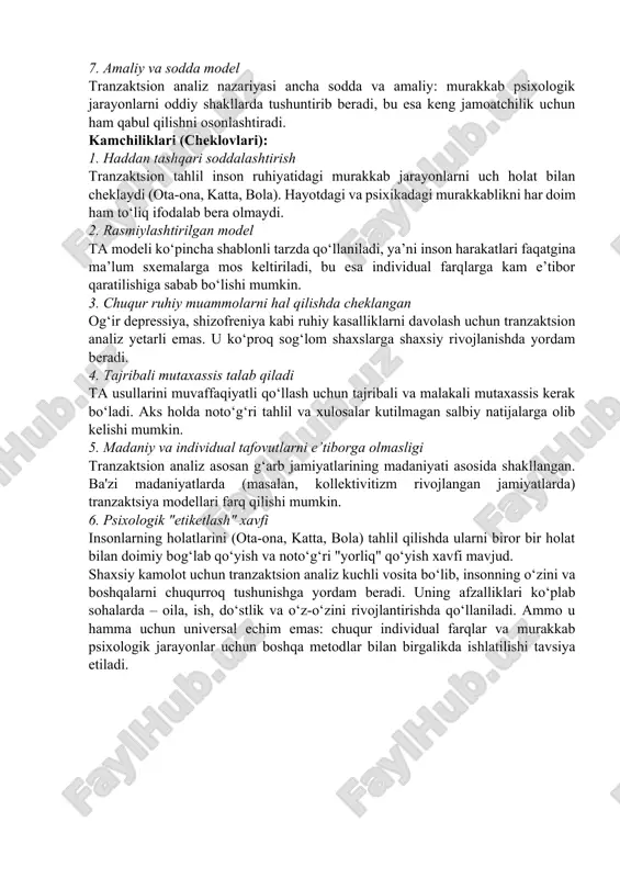 ak bo‘ladi. aks holda noto‘g‘ri tahlil va xulosalar kutilmagan salbiy natijalarga olib kelishi mumkin. 5. madaniy va individual tafovutlarni e’tiborga olmasligi tranzaktsion analiz asosan g‘arb jamiyatlarining madaniyati asosida shakllangan. ba'zi madaniyatlarda (masalan, kollektivitizm rivojlangan jamiyatlarda) tranzaktsiya modellari farq qilishi mumkin. 6. psixologik "etiketlash" xavfi insonlarning holatlarini (ota-ona, katta, bola) tahlil qilishda ularni biror bir holat bilan doimiy bog‘lab qo‘yish va noto‘g‘ri "yorliq" qo‘yish xavfi mavjud. shaxsiy kamolot uchun tranzaktsion analiz kuchli vosita bo‘lib, insonning o‘zini va boshqalarni chuqurroq tushunishga yordam beradi. uning afzalliklari ko‘plab sohalarda – oila, ish, do‘stlik va o‘z-o‘zini rivojlantirishda qo‘llaniladi. ammo u hamma uchun universal echim emas: chuqur individual farqlar va murakkab psixologik jarayonlar uchun boshqa metodlar bilan birgalikda ishlatilishi tavsiya etiladi. umumiy xulosalar: sog‘lom tranzaktsiyalar orqali shaxsiy va kasbiy munosabatlar yanada mustahkam bo‘ladi. tranzaktsion analiz nafaqat psixoterapiya usuli, balki kundalik hayotda qo‘llash mumkin bo‘lgan amaliy yondashuvdir. insonning shaxsiy kamolotida bu nazariyaning o‘rni beqiyos: u o‘zini va …