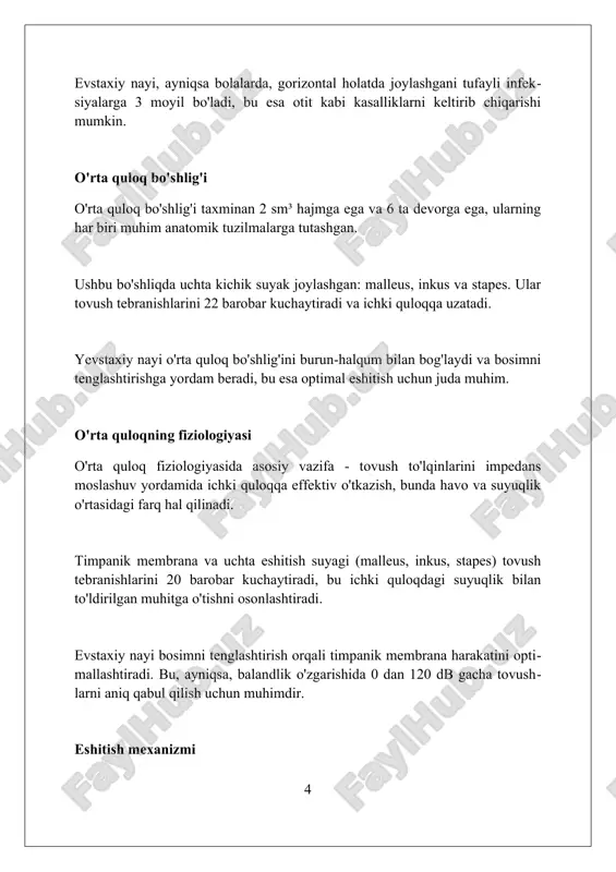 , bu esa 0-dan 100%gacha bo'lishi mumkin. stapedektomiya – bu otosklerozni davolashning keng tarqalgan jarayoni bo'lib, unda uzangi olib tashlanadi va o'rniga protez qo'yiladi, bu esa eshitish qobiliyatini 85%gacha yaxshilaydi. o'rta quloq kasalliklarini diagnostikasi audiometriya tekshiruvi 250 hz dan 8000 hz gacha bo'lgan chastotalarda eshitish qobiliyatini aniqlaydi, bu o'rta quloq kasalliklari tufayli eshitish yo'qolishini baholashga yordam beradi. timpanometriya o'rta quloqdagi bosimni o'lchaydi, bu esa suyuqlik borligini yoki evstaxiy naychasining disfunktsiyasini aniqlashga yordam beradi; a, b va c kabi turli timpanogramma turlari mavjud. akustik refleks sinovi o'rta quloqdagi stapedius mushagining tovushga reaktsiyasini baholaydi, bu esa otoskleroz yoki 7-nerv bilan bog'liq muammolarni aniqlashda muhim rol o'ynaydi. o'rta quloq kasalliklarini davolash o'rta quloq kasalliklarini davolashda antibiotiklar keng qo'llaniladi, ayniqsa bakterial infeksiyalarda. 7-10 kunlik antibiotik kursi ko'pincha simptomlarni bartaraf etishga yordam beradi. timpanoplastika - bu o'rta quloqdagi teshilgan pardani jarrohlik yo'li bilan tiklash usuli. bu eshitish qobiliyatini yaxshilashga yordam beradi va 90% hollarda muvaffaqiyatli …
