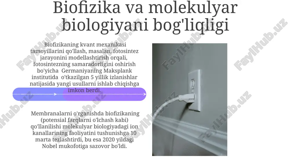 ajada oshirdi. biofizik tadqiqotlar natijasida yaratilgan 50 dan ortiq yangi dori vositalari 21-asrning birinchi yarmida yevropa mamlakatlarida klinik amaliyotga joriy etildi, bu esa turli xil kasalliklarni davolashda muhim yutuqlarga olib keldi. biotibbiy tasvirlash texnologiyalari va biofizika 01 02 biofizika, magnit-rezonans tomografiya (mrt) kabi tibbiy tasvirlash texnologiyalarining asosiy printsiplarini, masalan, 1,5 tesla va undan yuqori maydon kuchlarida yadro magnit rezonansini tushunish va takomillashtirishda muhim rol o'ynaydi. sales 1st qtr 2nd qtr 100 0 sales 1st qtr 2nd qtr 100 0 e'tiboringiz uchun rahmat @taqdimot_robot image4.jpg image5.jpg image6.jpg image7.jpg image8.jpg image9.jpg image10.jpg image11.jpg image12.jpg image13.jpg image14.jpg image15.jpg image1.jpeg image2.jpeg image3.jpeg