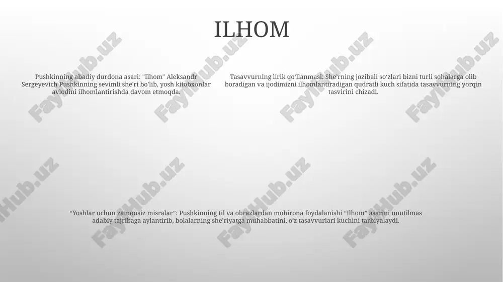 iqlashga yordam berdi. pushkinning bolalar uchun asarlari: butun faoliyati davomida pushkin yosh kitobxonlarga qaratilgan ko'plab she'rlar va nasrlar yozgan. hazil, xayol va vatanparvarlik mavzulariga to‘la bu asarlar rus bolalar adabiyotini shakllantirishda, avlodlar avlodida kitobxonlikka bo‘lgan muhabbatni tarbiyalashda muhim rol o‘ynadi. pushkinning ertaklari: pushkin doston va dramalaridan tashqari sevimli ertaklar to‘plamini ham yozgan. rus folklori va aql-zakovati bilan singdirilgan bu ertaklar bolalar va kattalar tomonidan zavqlanadigan bardoshli klassikaga aylandi. pushkinning ta'siri add text pushkinning bolalar uchun asarlari: pushkin she'riyati va nasrida bolalar uchun maxsus yozilgan "mening enam" va "qish oqshomi" kabi asarlar ham mavjud. bu asarlarda uning yosh kitobxonlarga bo‘lgan muhabbati va minnatdorligi aks etgan. aleksandr sergeyevich pushkinning adabiyotga ta'siri: pushkinning asarlari rus adabiyotiga sezilarli ta'sir ko'rsatdi, uning rivojlanishini shakllantirdi va yozuvchilarning keyingi avlodlarini ilhomlantirdi. pushkinning bolalar ertaklari: pushkin bir qancha bolalar ertaklarini ham yozgan, jumladan, “tsar saltan haqidagi ertak”, “baliqchi va baliq haqidagi ertak”. bu ertaklar rus bolalari tomonidan seviladi …