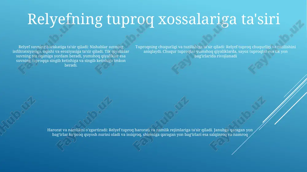 ga olib keladi va yoriqlar hosil qiladi. suv bu yoriqlarga kirib, muzlaydi va toshlarni yanada parchalaydi. shamol, suv va muz bilan eroziya ham relyefni shakllantiradi. 3: tuproq hosil bo`lishida rel`ef hal qiluvchi rol o`ynaydi. tik yonbag'irlar eroziyaga yordam beradi, tekis joylar esa ob-havoga uchragan materialning to'planishiga imkon beradi. tog' jinslarining turi va iqlim ham tuproq shakllanishiga ta'sir qiladi yerdan foydalanish va relyef erdan foydalanish va relef: relyef erdan foydalanish shakllarini aniqlashda hal qiluvchi rol o'ynaydi, chunki u foydalanish imkoniyati, drenaj va tuproq eroziyasi kabi omillarga ta'sir qiladi. o'simlikchilikda relefning ahamiyati: relyef ekinchilikka turli yo'llar bilan ta'sir qiladi. bu o'simliklarning o'sishi uchun muhim omillar bo'lgan tuproq chuqurligiga, namlikning mavjudligiga va haroratga ta'sir qiladi. tuproqni saqlash uchun relyefni boshqarish: kontur dehqonchilik, terraslash va chiziqli kesish kabi amaliyotlar orqali yordamni boshqarish tuproqni saqlash uchun juda muhimdir. ushbu usullar tuproq eroziyasini kamaytiradi va tuproq unumdorligini saqlaydi. tuproq gorizontlari va relefi tuproq gorizontlari va relefi: …