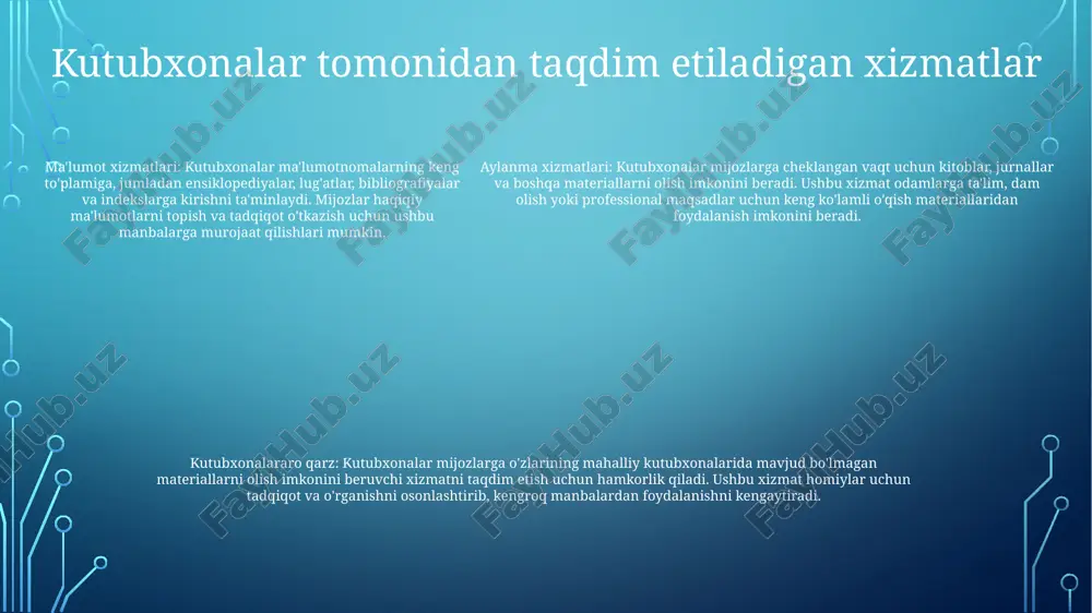 kutubxonalar madaniy merosni saqlash va kitoblar, arxivlar va raqamli resurslarning katta to'plamlari orqali bilimlarni tarqatishning muhim markazlari bo'lib qolmoqda. kutubxonalarning jamiyatga ta'siri ta'lim imkoniyatlarini kengaytirish: kutubxonalar savodxonlikni, tanqidiy fikrlashni va umrbod o'rganishni rivojlantiruvchi mavjud bilim va resurslarni taqdim etadi. madaniy merosni asrash: ular kitoblar, hujjatlar va artefaktlar ombori vazifasini bajaradi, madaniy xotirani saqlaydi va kelajak avlodlar uchun intellektual merosni saqlaydi. hamjamiyatni tarbiyalash: kutubxonalar - bu odamlar birlashish, fikr almashish va madaniy tadbirlarda ishtirok etish, jamoaviy aloqalarni mustahkamlash uchun yig'iladigan ijtimoiy joylar. kutubxonalar madaniy markazlar sifatida bilim va ta'lim markazlari: kutubxonalar ma'lumot va bilimlar ombori bo'lib xizmat qiladi, intellektual izlanishlar va umrbod ta'limni qo'llab-quvvatlaydigan kitoblar, tadqiqot materiallari va raqamli resurslardan foydalanish imkonini beradi. madaniy merosni saqlovchilar: kutubxonalar madaniy merosni saqlash va namoyish etishda hal qiluvchi rol o'ynaydi. ularda tarixiy hujjatlar, qo‘lyozmalar, artefaktlar va san’atning qimmatli to‘plamlari mavjud bo‘lib, ular o‘tmishimiz haqida tushuncha beradi va bizni ildizlarimiz bilan bog‘laydi. jamiyat markazlari: kutubxonalar …