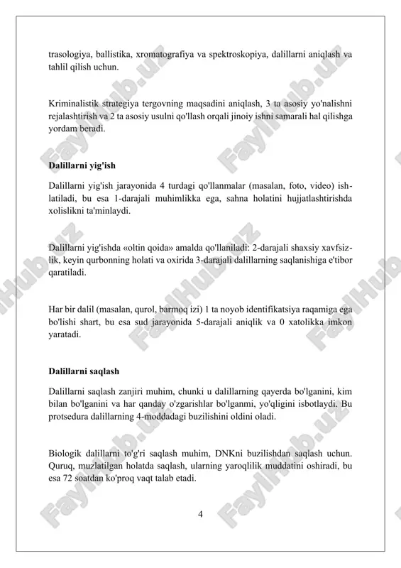ni solishtirib, ularning bitta quroldan otilganligini 85% aniqlik bilan isbotlay oladilar. sud tibbiyoti sud tibbiyoti - bu tibbiyotning bir sohasi boʻlib, u huquqiy masalalarni hal qilishda tibbiy bilimlardan foydalanishni oʻz ichiga oladi, masalan, jarohatlarning 0.5 sm dan 2.0 sm gacha boʻlgan turini aniqlash. sud tibbiyoti ekspertizasi holatidagi shaxsning oʻlim sababini aniqlashda muhim rol oʻynaydi, masalan, qon zaharli moddalar bilan zaharlanganda, zaharning miqdori 5-10 mg/l ekanligi aniqlanadi. sud tibbiyotida biologik materiallar (qon, soʻlak) dnk tahlili orqali shaxsni identifikatsiya qilish uchun ishlatiladi, genetik markerlarning 99.9% aniqligi bilan tasdiqlanadi. kriminalistik psixologiya kriminalistik psixologiya jinoyatchining xatti-harakatlarini tushunish uchun 12 ta asosiy psixologik printsipdan foydalanadi, masalan, motivatsiya va kognitiv buzilishlar kabi omillarni tahlil qiladi. ushbu sohada 7 xil tipdagi jinoyatchi profillari ishlab chiqilgan, ular jinoyat joyida qoldirilgan dalillarga asoslangan holda shaxsning xususiyatlarini aniqlashga yordam beradi. so'roq paytida 9 ta asosiy psixologik manipulyatsiya usuli qo'llaniladi, ularning maqsadi shubhali shaxsning haqiqatni yashirish qobiliyatini kamaytirish va iqrorlikni olishdir. …
