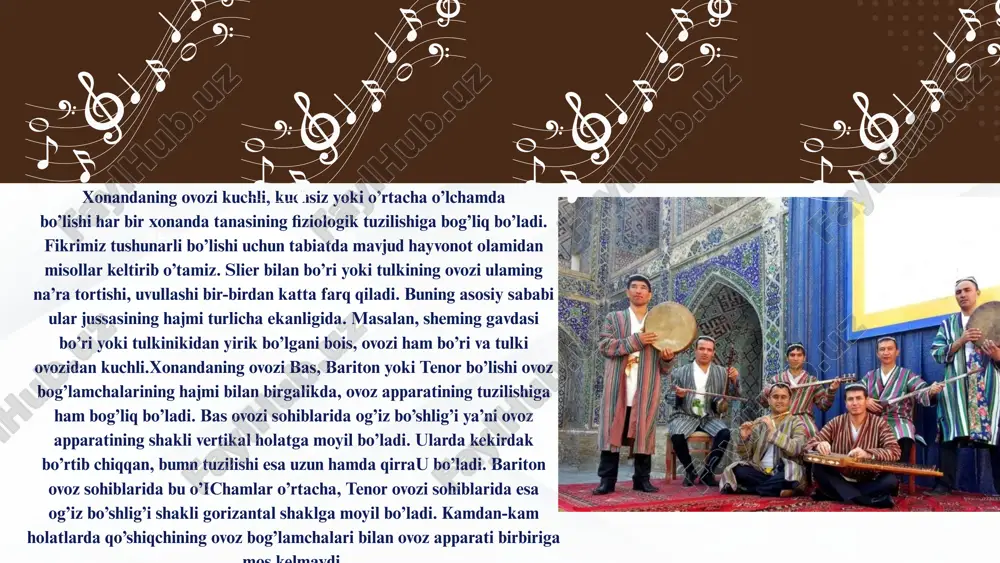 ijrochilik mahoratini o’zidan o’tkazish lozim bo’ladi. musiqa san’ati ijrochiligida ovoz, cholg’uning bir-biriga hamohangligi o’ta muhimdir. bevosita aytim jarayoni ijrochi tomonidan yakka, juft, guruhli yoki ommaviy tarkibda amalga oshiriladi. ijrochi xonandalami qo’shiqchi, laparchi, yallachi, termachi, baxshi, baxshioqin, dostonchi, navonoz, mug’anniy, xonanda, ashulachi, aytimchi, xalfa, shoir, nasrchi va hofiz kabi nomlar bilan atab kelinishi bejiz emas. yuqorida keltirilgan har bir atamada musiqiy janr xususiyati to’la ifodasini topadigan bo’lsa, “hofiz” ham bu o’rinda qator tarkibiy xususiyatlari bilan bog’liq holda o’zining ayrim jihatlarini o’zida saqlagan e’tiboringiz uchun rahmat image1.png image2.png image106.svg image3.png image40.svg image4.png image5.png image10.svg image6.png image7.png image8.png image9.png image14.svg image10.png image8.svg image11.png image12.png image13.png image14.png image15.png image16.png image17.png image18.png image19.png image20.png /docprops/thumbnail.jpeg