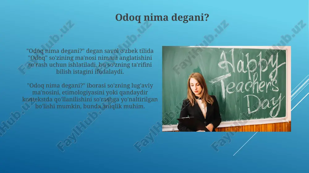 blari va ehtiyojlarini qondirish qiyin, bunda 75% o'qituvchilar individual yondashuv uchun yetarli resurslarga ega emasligini ta'kidlaydi. xulosa: kelajakka nazar "xulosa: kelajakka nazar"da 2030-yilgacha ta'lim sifatini oshirishning 5 strategik yo'nalishi va 10 ta aniq vazifa belgilangan, bu yosh o'qituvchilar uchun muhim qo'llanma. ushbu bo'limda yosh pedagoglarning innovatsion texnologiyalarni (masalan, ai) qo'llash orqali 75% gacha ta'lim samaradorligini oshirish imkoniyatlari ko'rib chiqiladi. e'tiboringiz uchun rahmat image2.jpg image3.jpg image4.jpg image5.jpg image6.jpg image7.jpg image8.jpg image9.jpg image10.jpg image11.jpg image12.jpg image13.jpg image14.jpg image15.jpg image16.jpg image17.jpg image18.jpg