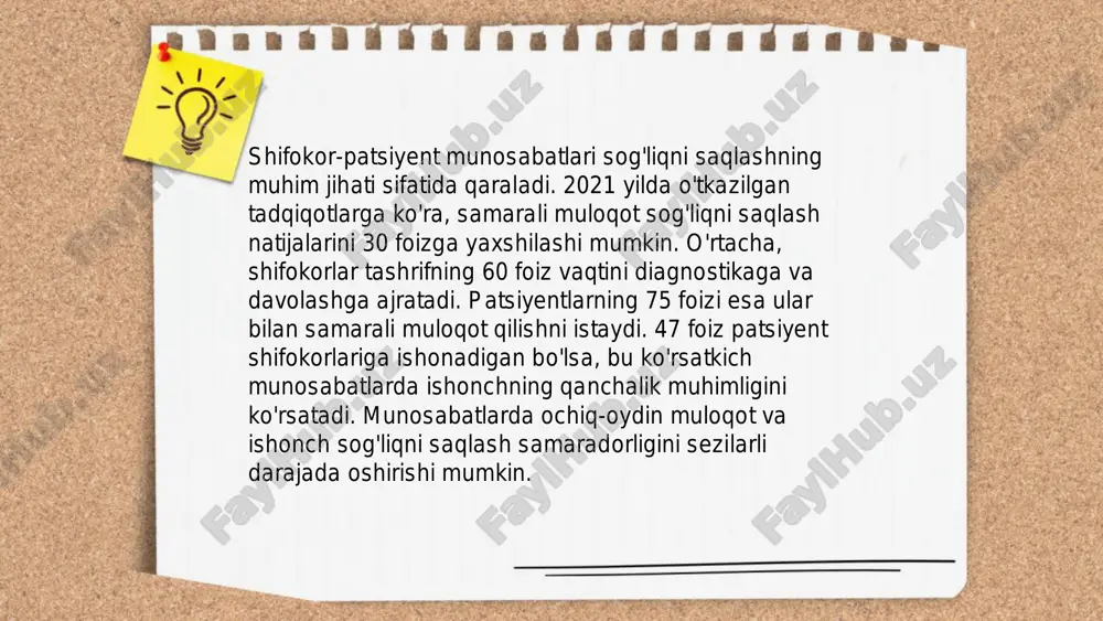 slaydai_bot tibbiy xizmat sifatini boshqarish bo'yicha ma'lumotlar shuni ko'rsatadiki, bemor mamnuniyatini oshirish va sog'liqni saqlash tizimining samaradorligini yaxshilash muhimdir. jahon sog‘liqni saqlash tashkiloti ma’lumotiga ko‘ra, 60% tibbiy xatolar noto‘g‘ri boshqarish tufayli yuzaga keladi. 2022-yilgi tadqiqotlarda o‘zbekiston sog‘liqni saqlash tizimida xizmatlar sifatini yaxshilash uchun 50 ta yangi standart joriy etilgan. tibbiy xizmat sifatini oshirishda zamonaviy texnologiyalar va elektron tibbiyot kartalaridan foydalanish 30% ga ko‘proq aniqlik va samaradorlik keltiradi. shu bilan birga, kasalliklarni erta aniqlash uchun avtomatizatsiya qilingan dasturlar 20% ga ko'proq muvaffaqiyat keltiradi. ... t.me/slaydai_bot 10. qiyin patsiyentlar bilan ishlash 10. qiyin patsiyentlar bilan ishlash: qiyin patsiyentlar bilan ishlashda sog'liqni saqlash mutaxassislari maxsus yondashuv va strategiyalardan foydalanishadi. statistikaga ko'ra, shifokorlarning 15-20% vaqtini qiyin patsiyentlarga bag'ishlashlari kerak bo'ladi. ushbu patsiyentlar bilan muloqot qilganda, 70% holatda samarali tinglash va empatiya ko'rsatish muvaffaqiyat kalitidir. tadqiqotlar shuni ko'rsatadiki, xavfli xatti-harakatlar ko'rsatuvchi patsiyentlar bilan ishlashda sabr-toqat va aniq kommunikatsiya o'rtacha 25% ga norozi vaziyatlarni kamaytiradi. 80% …
