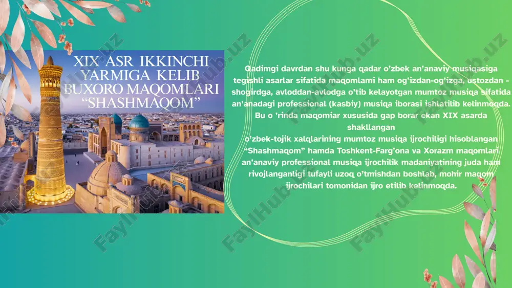 tinglovchilar qalbini rom etib kelayotgan o’lmas xonandalik asarlariga aylandi bo’lajak musiqa o’qituvchilarini kasbga tayyorlash jarayonida, “an’anaviy xonandalik” fanining ham o’mi beqiyos hisoblanadi. albatta, har qanday fan bilan tanishish, uning predmetini nazariy jihatdan o ’rganishdan boshlash maqsadga muvofiq bo’ladi. o’zbekistonda an’anaviy xonandalik ijrochiligi tarixiga nazar soladigan bo’lsak, 1850-1900 yillarda o’lkamizda bir qancha ijrochilar avlodi yetishib chiqqanligining guvohi bo’lamiz. mustaqillik yillari an’anaviy xonandalik ijodiyoti taraqqiyoti xx asarning oxirlariga kelib, sho’rolar iskanjasidan o ’z haq-huquqi va erkini qo’lga olgan mustaqil davlatlar hamdo’stligi mamlakatlari orasida eng birinchilardan bo’lib, o’z mustaqiiligini e’lon qilgan o’zbekiston respublikasi mamlakatda madaniy uyg’onish (rivojlanish)ning yangi davrini boshlab berdi. barcha sohalarda bo’lgani kabi ayniqsa, musiqa, madaniy at va san’at sohasidagi tub islohotlar davlat, jamiyat va xalqning madaniy rivojlanishida ham o ’ziga xos imkoniyatlar eshigini ochib berdi.musiqa ijodiyoti yana bir atama borki, bu atama orqali aytimning u yoki bu xususiyatlari tushuniladi 01 02 03 mashhur yozuvchimiz abdulla qodiriyning “mehrobdan chayon” romanida qo’qon …