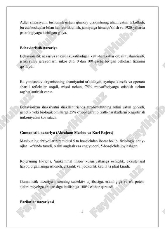 jamiyatlari guruh uyg'unligiga, g'arb esa shaxsiy yutuqlarga e'tibor beradi, bu xarakterga ta'sir etadi. "etik" va "emik" tadqiqotlar madaniy omillarning rolini o'rganadi. "etik" umumiy, "emik" esa mahalliy tushunchalarga qaratilgan. 1950-yillardan boshlab madaniy psixologiya paydo bo'la boshladi. hofstede madaniy o'lchamlari: kuch masofasi, individualizm, erkaklik, noaniqlikdan qochish va uzoq muddatli yo'nalish. bu 5 o'lcham 70 dan ortiq davlatda shaxsiyat farqini aniqlaydi. shaxs nazariyalarini baholash shaxs nazariyalarini baholashda ishonchlilik muhim, bunda test natijalari vaqt o'tishi bilan barqaror bo'lishi (test-qayta test ishonchliligi) va ichki moslik 0.70 dan yuqori bo'lishi kerak. validlik, shaxs nazariyasi haqiqatan ham o'lchamoqchi bo'lgan narsani o'lchashini ko'rsatadi. mazmun validligi nazariya kontseptsiyasini to'g'ri aks ettirishi, kriteria validligi esa 0.50 koeffitsiyent bilan bog'liq natijalarni bashorat qilishi kerak. diskriminant validlik, nazariyaning boshqa, o'xshash bo'lmagan konstruktlar bilan korrelyatsiya qilmasligini tasdiqlaydi. misol uchun, agar nazariya introversiyani o'lchasa, u ekstroversiya bilan -0.30 korrelyatsiyaga ega bo'lishi kerak. amaliy qo'llanilishi shaxs nazariyalari psixoterapiyada qo'llaniladi, mijozning xatti-harakatlariga tushuncha berish, 5 bosqichli …
