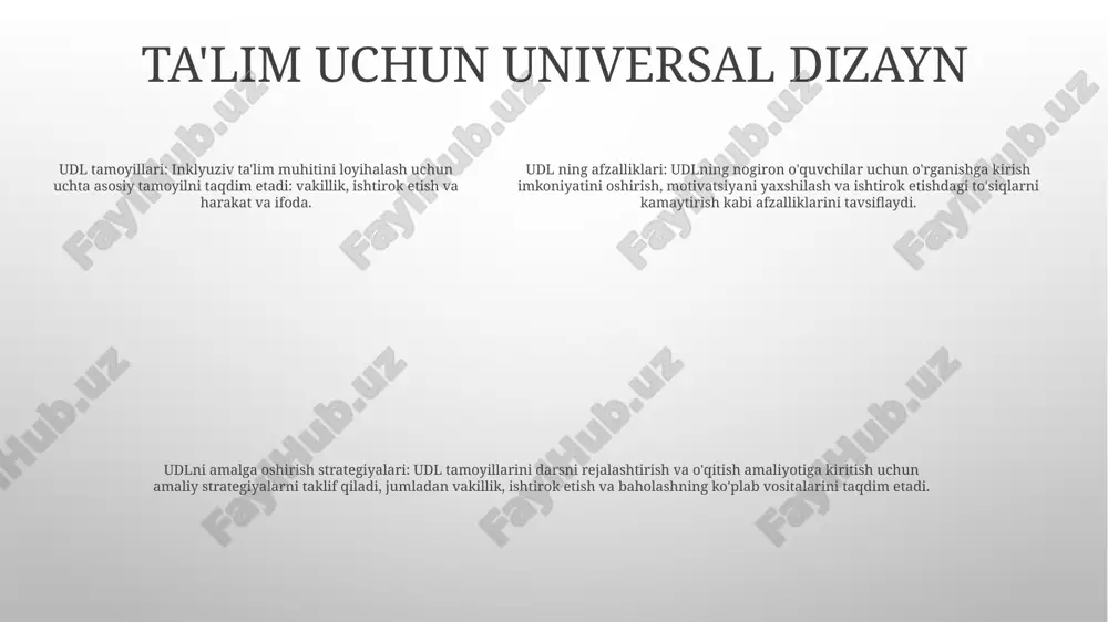 mda ishtirok etishini ta'minlash. ota-onalar va jamoatchilik ishtiroki ota-onalarning maktabdagi ishtiroki: inklyuziv ta'limni qo'llab-quvvatlash ota-onalar farzandlarining ta'lim olishida muhim rol o'ynaydi va bu, ayniqsa, nogiron bolalar uchun juda muhimdir. ota-onalar farzandlarining maktabida ishtirok etish orqali ularning muvaffaqiyatga erishishlari uchun zarur yordam va xizmatlarni olishlariga yordam berishi mumkin. maktabda jamoatchilik ishtiroki: inklyuziv muhitni yaratish jamiyat ishtiroki ham inklyuziv maktab muhitini yaratishda muhim rol o'ynashi mumkin. jamiyat a'zolari maktablarni qo'llab-quvvatlash va resurslar bilan ta'minlash orqali barcha o'quvchilar, jumladan, nogironlar uchun samimiy va qo'llab-quvvatlovchi o'quv muhitini yaratishga yordam berishi mumkin. oila va maktab hamkorligi: ota-onalar va o'qituvchilarning imkoniyatlarini kengaytirish oilalar va maktablar o'rtasidagi mustahkam hamkorlik barcha o'quvchilar, jumladan, nogironlar muvaffaqiyatini ta'minlash uchun muhim ahamiyatga ega universal skrining va erta aniqlash talaba ehtiyojlariga javob berish umumjahon skrining va erta aniqlash talabalarning barcha ehtiyojlarini aniqlash va tezda hal qilinishini ta'minlaydi, ularga muvaffaqiyatga erishish uchun moslashtirilgan yordam va tadbirlarni taqdim etadi. adolatli imkoniyatlarumumjahon skrining barcha talabalarga, …