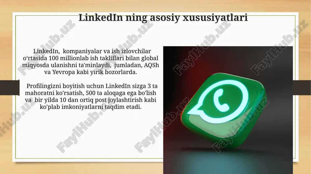 siya kabi xavfsizlik xususiyatlarini taklif qiladi va 2023-yil ma'lumotlariga ko'ra 180 dan ortiq mamlakatda mavjud. ushbu messenjer orqali matnli xabarlar, ovozli va video qo'ng'iroqlar, shuningdek, 16 kishigacha bo'lgan guruhlarda 100 mb gacha hajmdagi fayllarni ulash mumkin. whatsapp va linkedin o'xshashliklari whatsapp va linkedin ham turli xil multimedia fayllarini (rasm, video, hujjatlar) ulashish imkoniyatini taqdim etadi, bu esa foydalanuvchilarning aloqa usullarini diversifikatsiyalash imkonini beradi. misol uchun, aqshda whatsapp'dan biznes maqsadlarida foydalanish tez sur'atlar bilan o'sib bormoqda. ikkala platforma ham real vaqtda xabar almashish imkoniyatini taqdim etadi, garchi whatsapp shaxsiy aloqalarga, linkedin esa professional aloqalarga yoʻnaltirilgan boʻlsa-da. masalan, linkedin’dagi 700 milliondan ortiq professional profil mavjud. linkedin tushunchasi linkedin profilida malaka, tajriba va tavsiyalar kabi 5 ta asosiy bo'lim mavjud bo'lib, bu ish izlash jarayonini soddalashtiradi va 200 dan ortiq sohalarni qamrab oladi. 2002-yilda kaliforniyada tashkil etilgan linkedin, biznes aloqalarini rivojlantirish va professional imkoniyatlarni kengaytirish uchun samarali vosita hisoblanadi. tarmoqlash imkoniyatlari whatsapp 2 …