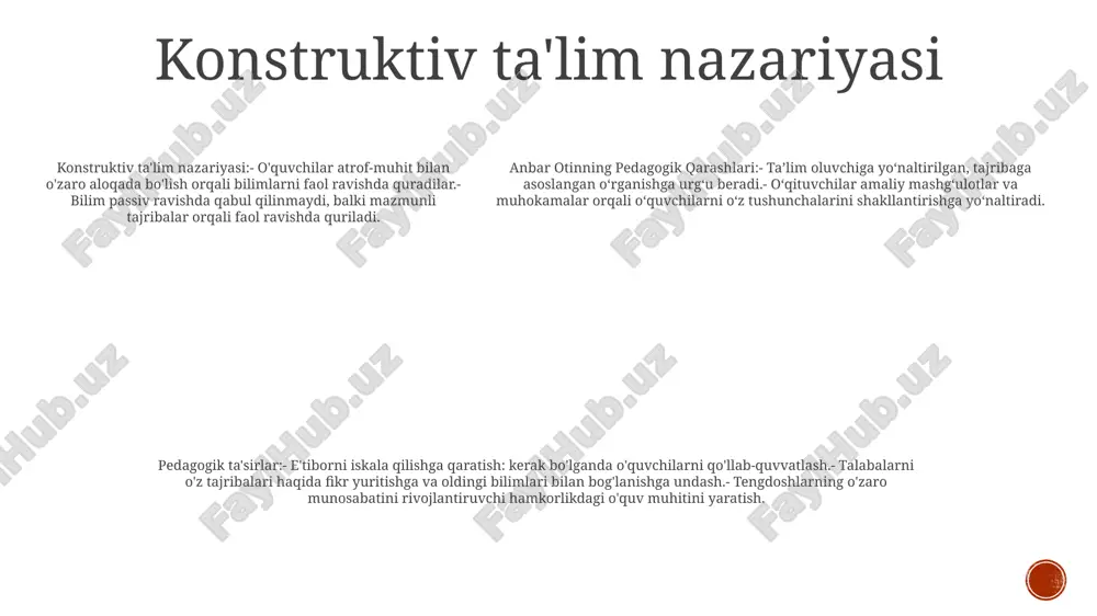 lantirish orqali o'quvchilarning muloqot qilish, muammolarni hal qilish va tanqidiy fikrlash qobiliyatlarini oshirishlari mumkin. talabalarga yo‘naltirilgan ta’limga e’tibor qaratish: anbar otinning o‘quvchilarni o‘z ta’lim yo‘nalishida faol ishtirokchilarga aylantirish muhimligini ta’kidlaydi, o‘qituvchilarni o‘quvchilarga o‘z ta’limini egallash huquqini beruvchi o‘quvchilarga yo‘naltirilgan muhitni yaratishga undaydi. baholash o'rganish vositasi sifatida: otinning baholashning nafaqat o'quvchilar yutuqlarini baholash vositasi, balki o'quv jarayonining ajralmas qismi sifatidagi ahamiyatini ham ta'kidlaydi. o‘qituvchilarga doimiy fikr-mulohazalarni bildirish, takomillashtirish yo‘nalishlarini aniqlash va shunga mos ravishda o‘qitish strategiyalarini moslashtirish uchun formativ baholashdan foydalanish tavsiya etiladi. e'tiboringiz uchun rahmat @taqdimot_robot image15.png image14.png image13.png /docprops/thumbnail.jpeg