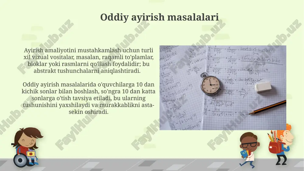 sinf o'quvchilari uchun 3 ta amaldan iborat (masalan, qo'shish, ayirish va ko'paytirish) misollarni bosqichma-bosqich hal qilish va natijalarni tekshirish ko'nikmalarini rivojlantirish muhimdir. ikki xonali sonlarni ayirish ikki xonali sonlarni ustunli ayirish usulida, sonlar birliklar va o'nliklar ustunlariga yoziladi va har bir ustunda alohida ayirish amalga oshiriladi. agar bir ustunda ayiriluvchi son ayiriladigan sondan kichik bo'lsa, qo'shni yuqori ustundan qarz olish kerak ikki xonali sonlarni ayirishda, agar birliklar xonasidagi son ayiriluvchi sondan kichik bo'lsa, o'nliklar xonasidan bir o'nlik olib, birliklar xonasiga qo'shiladi va ayirish amalga oshiriladi, masalan, 32-18 ni hisoblashda 2 dan 8 ni ayira olmaganimiz uchun 30 dan 10 ni olib, 12-8=4 va 20-10=10 bo'ladi, natija 14 ob'ektlar bilan amallarni bajarish ob’ektlar bilan amallarni bajarishda, masalan, 5 ta olma va 3 ta olma qo'shishda, bolalar avval ob’ektlarni birlashtirib, so’ngra umumiy sonini (8) aniqlashlari kerak. bu konkret misol qo'shish tushunchasini mustahkamlaydi. ob’ektlar bilan ishlashda 2 ta guruhdagi (masalan, 7 ta va …