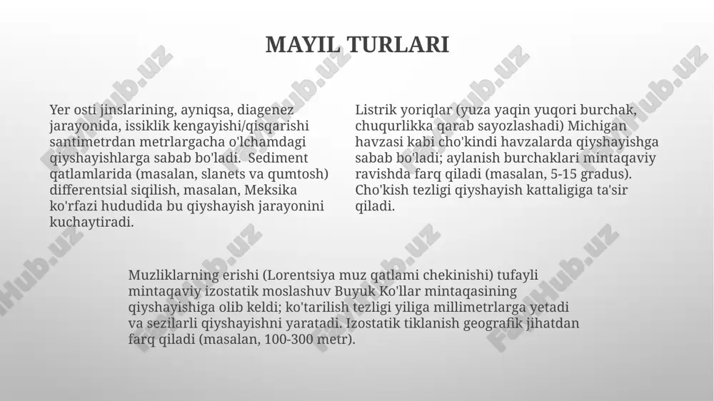 'sir qilib, ekinokslar pretsessiyasini keltirib chiqaradi. gravitatsion tortish yerning sharsimon bo'lmagan shaklida bir xil emas, chiqishda kuchliroq yerning moyilligining pretsessiya ta'siri ming yillar davomida uning yo'nalishini o'zgartirib, uzoq muddatli iqlim o'zgarishiga ta'sir qiladi. milankovich sikllari (ekssentriklik, moyillik va pretsessiya) yerning turli kengliklardagi quyosh radiatsiyasi qabul qilishini ta'sir qiladi yerning o'qi orbital tekisligiga nisbatan 23,5° ga qiyshayganligi fasllarga sabab bo'ladi. bu qiyshayish quyosh va oyning tortish kuchi ta'sirida yuz beradi. pretsessiya (26 000 yillik sikl) va nutatsiya ham ta'sir qiladi. mayl tahlili yer yemirilish (masalan, xyustonning gil tuproqlarida yiliga 2 sm), seysmik faollik (masalan, tinch okeani shimoli-gʻarbiy sohilida 7,0 balli zilzila) va issiklik kengayishi (masalan, 100 metrlik poʻlat koʻprikda 0,1 mm/°c) kabi omillar tufayli qiyshayish sodir boʻladi inklinometr va gps yordamida burchak siljishini baholash orqali amalga oshiriladigan qiyalik tahlili, kaliforniyaning san-andreas yoriq zonasi kabi hududlardagi infratuzilmalar (masalan, binolar, ko'priklar, to'g'onlar) uchun juda muhimdir; 1 darajadan ortiq qiyalik tuzilmani ta'mirlashni, millionlab dollar …