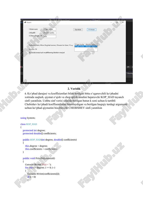 nt k = 3; // the line number to delete deleteline(filename, k); console.writeline("line {0} deleted from the file.", k); console.readkey(); } } 7. oqimlar(fayllar). binar fayllar 1. butun a(i), i=0,…,n-1 sonlardan iborat binar fayl berilgan (n>0). fayldagi sonlarning boshlang joylashuvi quyidagicha o’zgartirilsin: a(0),a(n-1),a(1),a(n-2),a(2),a(n-3),… using system; using system.io; class program { static void main() { //string inputfile = "input.bin"; //string outputfile = "output.bin"; string inputfile = "c:\\users\\orakb\\onedrive\\desktop\\input.bin"; string outputfile = "c:\\users\\orakb\\onedrive\\desktop\\output.bin"; // read the input binary file byte[] data; using (filestream input = file.openread(inputfile)) { data = new byte[input.length]; input.read(data, 0, data.length); } // create a new byte array for the output byte[] outputdata = new byte[data.length]; // rearrange the numbers int n = data.length / 4; // assuming each number occupies 4 bytes (32 bits) int index = 0; for (int i = 0; i sonlar = new list (); for (int i = 102; i = 0 && i …