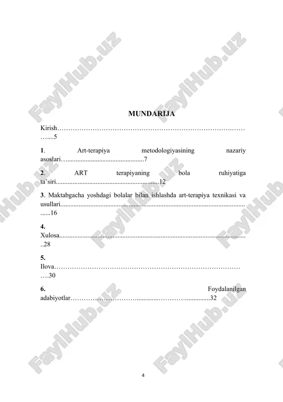 oyob hunarmandchilik, chizmalar yaratishda muvaffaqiyat qozonayotganini ko‘rsa, muloqotda muvaffaqiyat unga keladi va dunyo bilan o‘zaro munosabatlar yanada konstruktiv bo‘ladi. uning psixikasidagi ijoddagi muvaffaqiyat ongsiz ravishda oddiy hayotga o‘tadi. art-terapiya bu jarayonni hamma uchun quvonchli, qiziqarli, muvaffaqiyatli, individual qilish imkonini beradi. art-terapiya o‘z-o‘zini namoyon qilishga asoslanadi va ma'lum darajada uning natijalarini va muallifning professionalligini baholashda estetik mezonlarga e’tibor bermaydi. har ikkisi uchun esa natijadan ko‘ra ijodiy jarayonning o‘zi muhimroqdir. bolalar art-terapiyasiga ko‘rsatmalar: • qaysarlik; • tajovuzkorlik; • qo‘rquv; tiklar, duduqlanish, obsesyonlar va boshqalar; • kayfiyatning tez-tez o‘zgarishi; • nutq va aqliy rivojlanishning kechikishi; • inqirozli vaziyatlar; • tengdoshlar va, yoki kattalar bilan muloqot qilishda qiyinchiliklar; • qo‘zg‘aluvchanlik yoki letargiya; • yashash joyini o‘zgartirish; • bolalar bog‘chasi, maktabga tayyorlash va moslashish davri; • ota-onaning bola ustidan nazoratini yo‘qotish, itoatsizlik. • uyatchanlik va o‘ziga ishonchsizlik; • tajovuzkorlik; • giperaktivlik; art-terapiya qanday ta’sir ko‘rsatadi, uning o‘ziga xos xususiyatlari nimada? - ijobiy hissiy kayfiyatni yaratadi. …