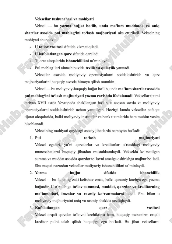 ksellar esa uchinchi shaxslar orqali to‘lovni amalga oshirishga imkon yaratadi. bu jihat veksellarni turli tijorat va moliyaviy operatsiyalar uchun moslashtirish imkonini beradi. veksellar moliyaviy va huquqiy jihatdan ko‘p qirrali instrument bo‘lib, ularning asosiy mohiyati: pul mablag‘larini kafolatlangan tarzda ta’minlash, tijorat operatsiyalarini soddalashtirish va moliyaviy ishonchlilikni oshirishdan iborat. shu bois, veksellar nafaqat tarixiy, balki zamonaviy moliya va tijorat faoliyatida ham katta ahamiyatga ega. veksellar turlari va shakllari veksellar turli shakl va maqsadlarda bo‘linadi. ularning asosiy turlari: 1. sodda veksellar · bu turdagi veksellar faqat to‘lovni amalga oshirish uchun ishlatiladi. · masalan, bir shaxs boshqa shaxsga ma’lum summani belgilangan muddatda to‘lashni va’da qiladi. 2. tashqi veksellar (trahetsiya veksellar) · ular uchinchi shaxs ishtirokida amalga oshiriladi. · masalan, bir shaxs boshqa shaxsga “bu summani uchinchi shaxsdan ol” deb yozma ko‘rsatma beradi. 3. ichki veksellar (pishiq veksellar) · ichki veksellar shaxslar o‘rtasida ishlatiladi, to‘lovni amalga oshirish faqat vekselda ko‘rsatilgan shaxslar o‘rtasida bo‘ladi. · bu …