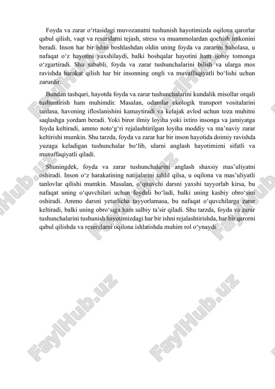 kat qilish har bir insonning ongli va muvaffaqiyatli bo‘lishi uchun zarurdir. bundan tashqari, hayotda foyda va zarar tushunchalarini kundalik misollar orqali tushuntirish ham muhimdir. masalan, odamlar ekologik transport vositalarini tanlasa, havoning ifloslanishini kamaytiradi va kelajak avlod uchun toza muhitni saqlashga yordam beradi. yoki biror ilmiy loyiha yoki ixtiro insonga va jamiyatga foyda keltiradi, ammo noto‘g‘ri rejalashtirilgan loyiha moddiy va ma’naviy zarar keltirishi mumkin. shu tarzda, foyda va zarar har bir inson hayotida doimiy ravishda yuzaga keladigan tushunchalar bo‘lib, ularni anglash hayotimizni sifatli va muvaffaqiyatli qiladi. shuningdek, foyda va zarar tushunchalarini anglash shaxsiy mas’uliyatni oshiradi. inson o‘z harakatining natijalarini tahlil qilsa, u oqilona va mas’uliyatli tanlovlar qilishi mumkin. masalan, o‘qituvchi darsni yaxshi tayyorlab kirsa, bu nafaqat uning o‘quvchilari uchun foydali bo‘ladi, balki uning kasbiy obro‘sini oshiradi. ammo darsni yetarlicha tayyorlamasa, bu nafaqat o‘quvchilarga zarar keltiradi, balki uning obro‘siga ham salbiy ta’sir qiladi. shu tarzda, foyda va zarar tushunchalarini tushunish hayotimizdagi har …